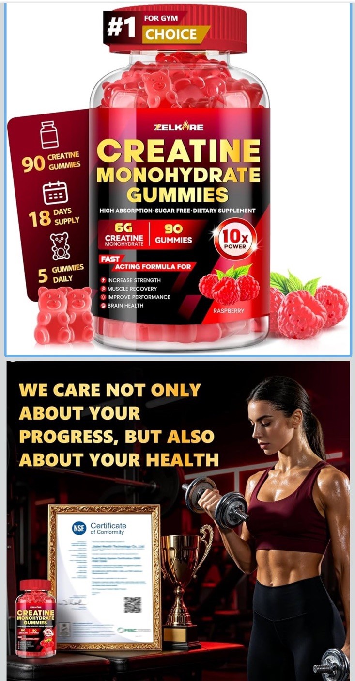Zelkore Creatine Monohydrate Gummies 6000mg Sugar-Free Raspberry 90 Ct