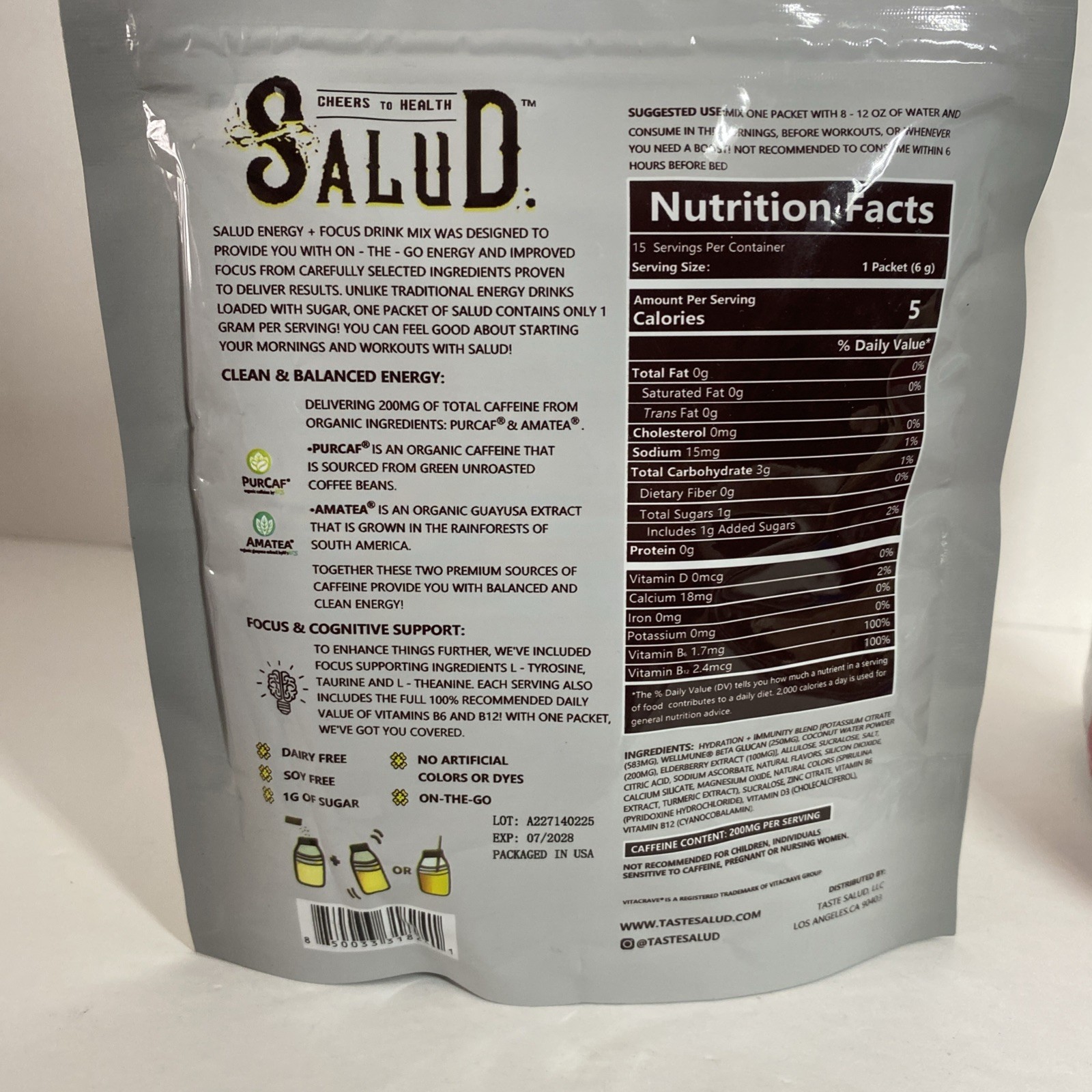 Salud Energy + Focus Powder Stick Packs Pineapple Mango Dragon Fruit 30 Servings