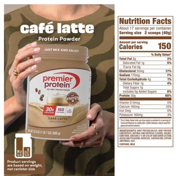 Premier Protein Whey Powder Cafe Latte 1.5lb 30g Protein