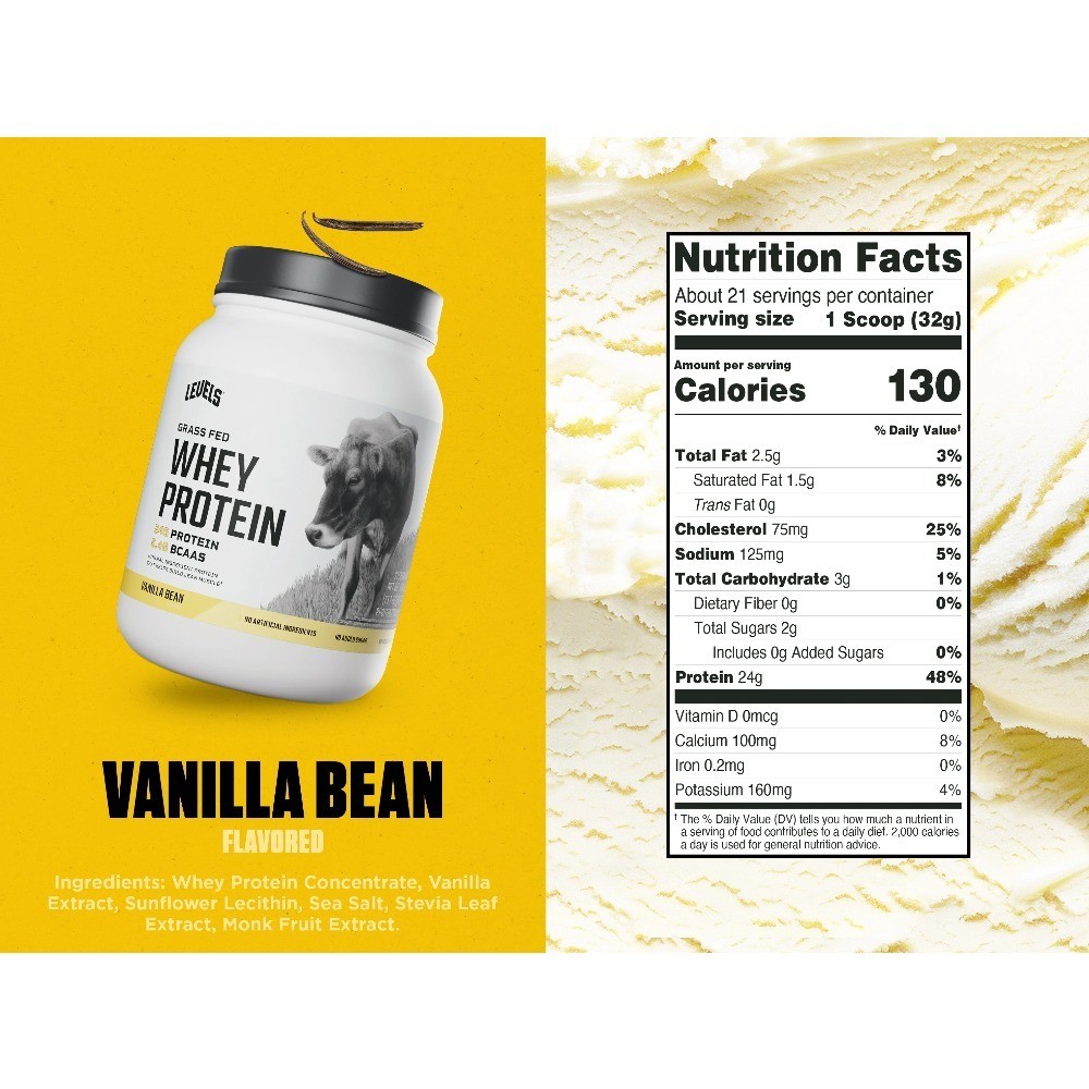 Grass Fed Whey Protein Powder Natural Vanilla Bean 24g Protein 1.48LB No