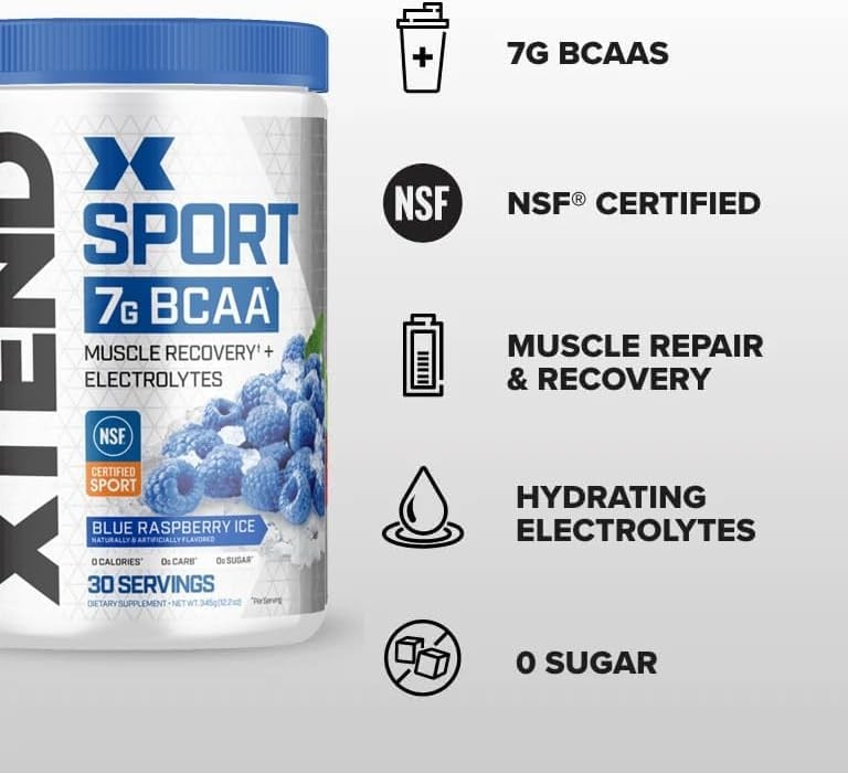 NSF Certified XTEND BCAA Powder – Blue Raspberry Ice Flavor for Muscle Growth