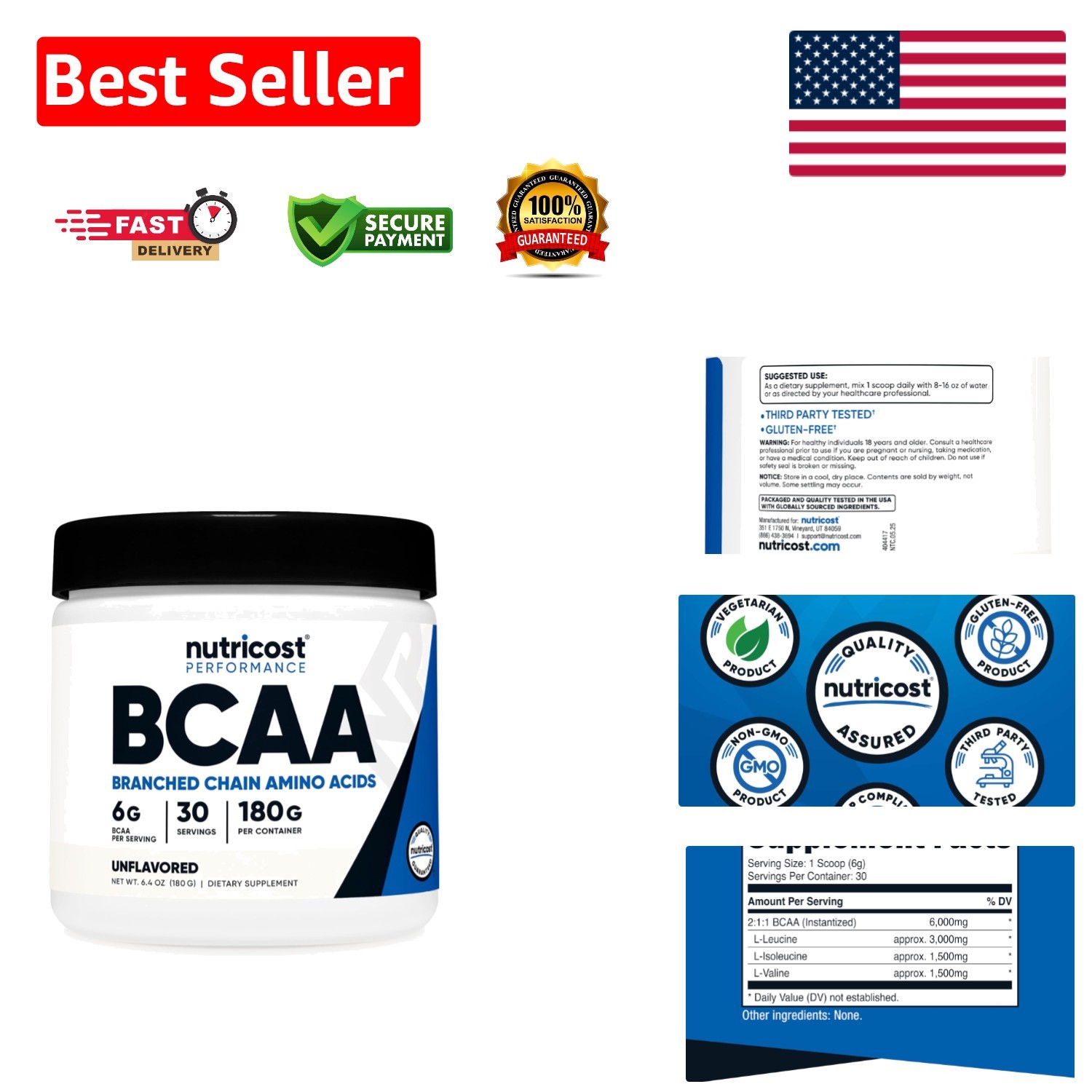 BCAA Powder 6.35 Oz – Optimal 2:1:1 Ratio, Non-GMO, 30 Servings for Performance