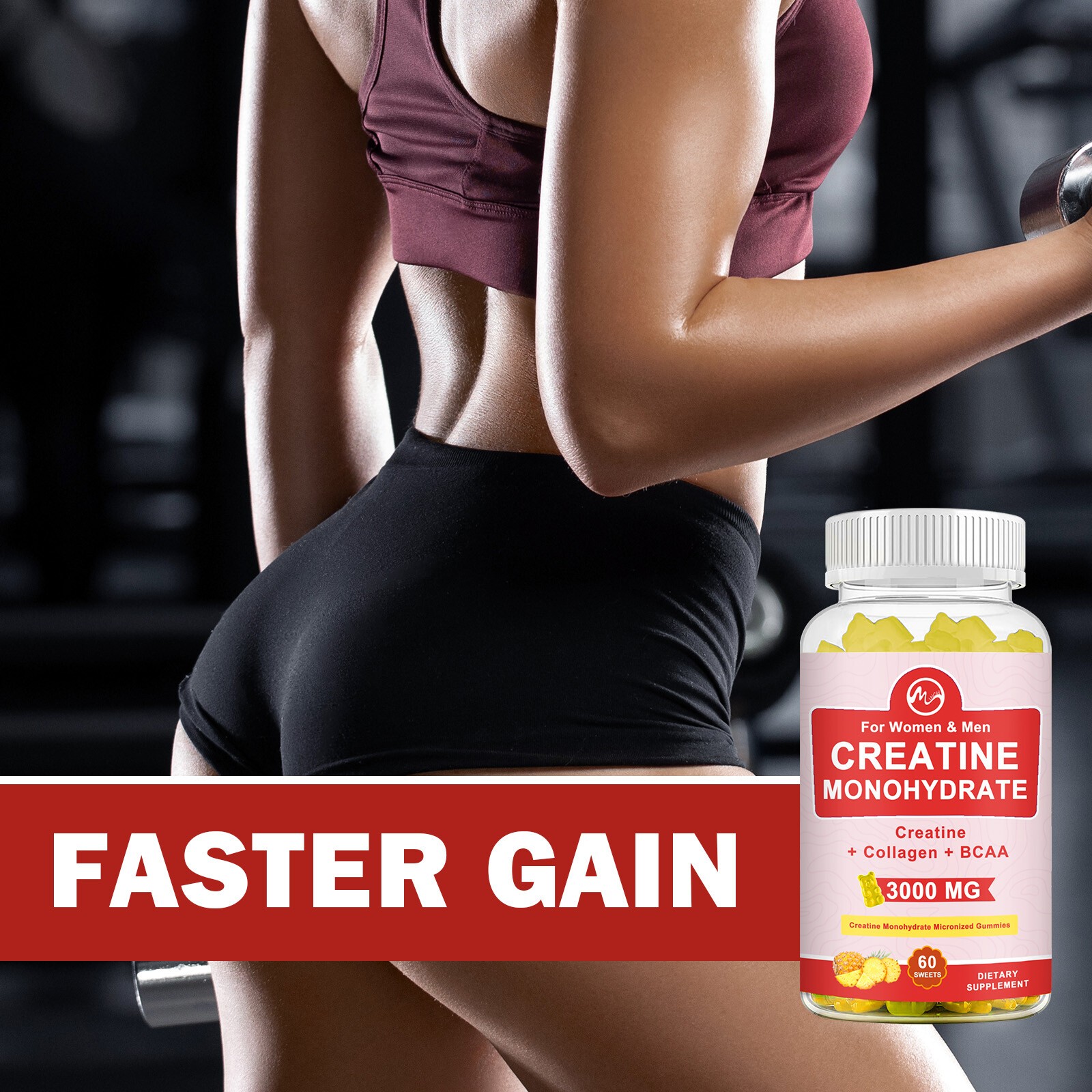 3xCreatine Monohydrate Gummies – 60Gummies -3000mg – Muscle Strength and Energy
