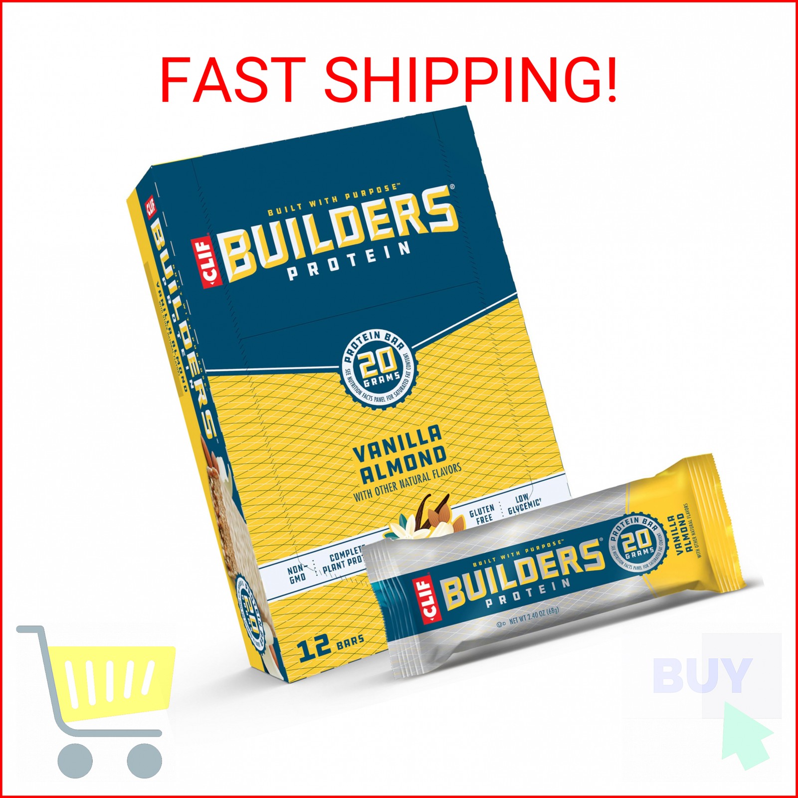 CLIF BUILDERS Protein Bars – Vanilla Almond Flavor – 20g Plant Based Protein – G