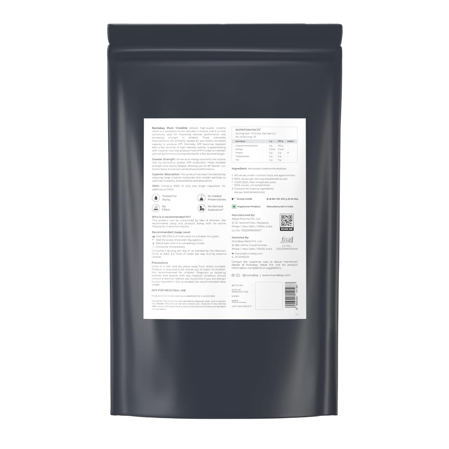 Pure Micronised Creatine Monohydrate Powder 3000 mg/Serving (100g, Unflavoured )