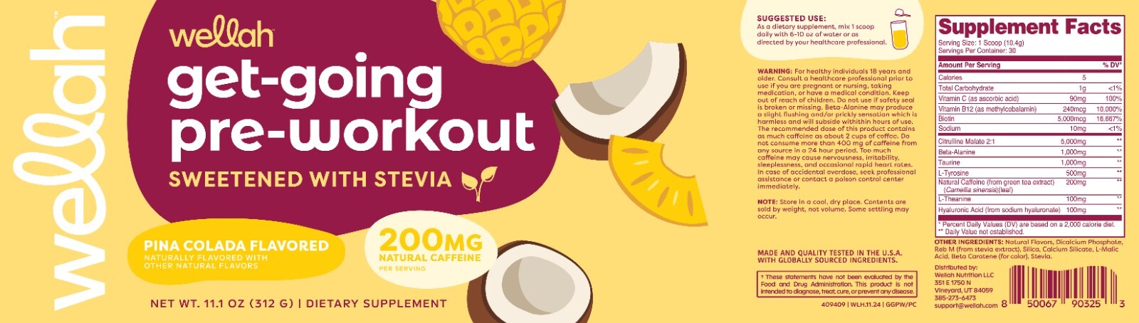 Wellah Get-Going Pre-Workout Drink Mix (Pina Colada Flavored, 30 Servings)
