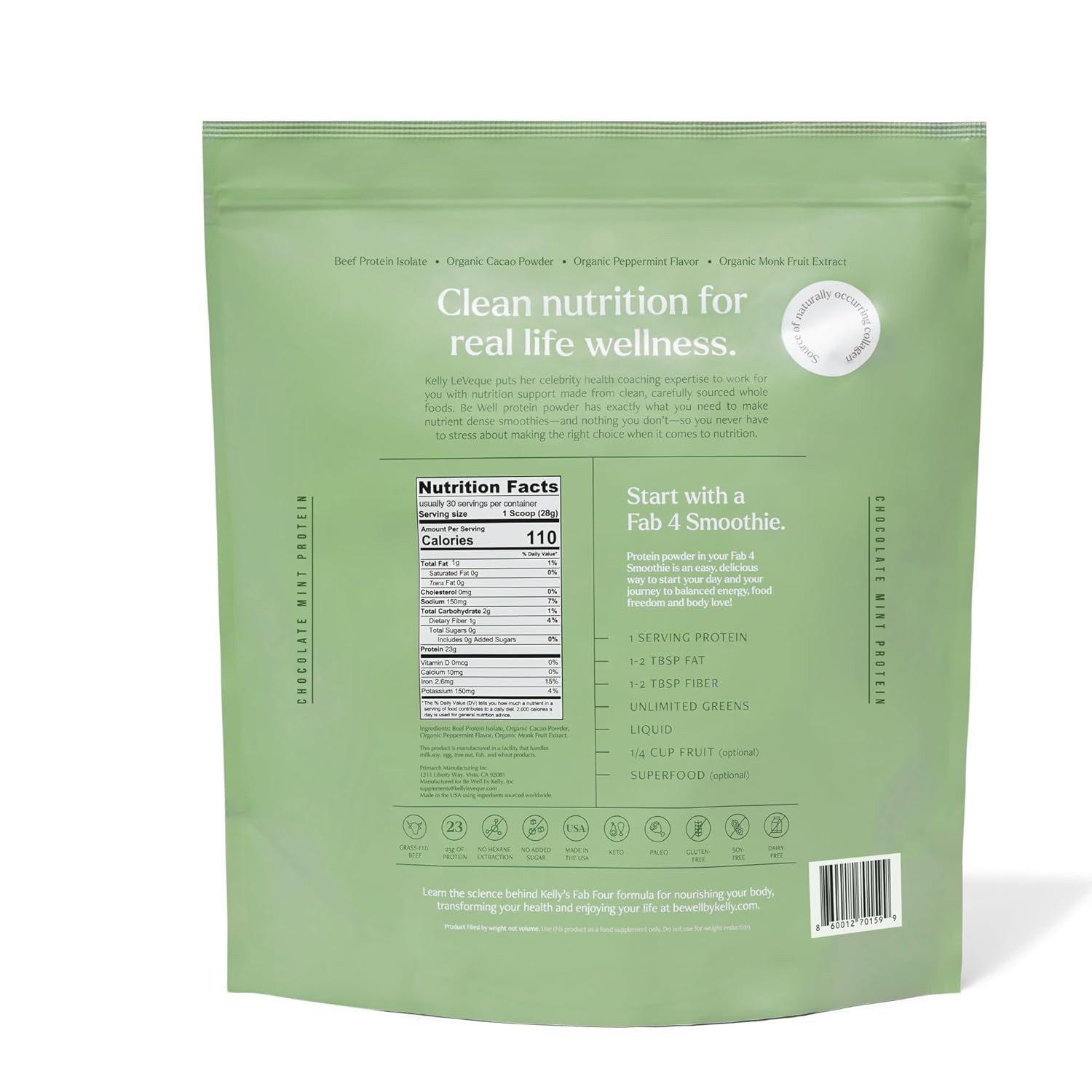 Be Well by Kelly Mint Chocolate Grass-Fed Beef Protein Powder, 23G of Protein &