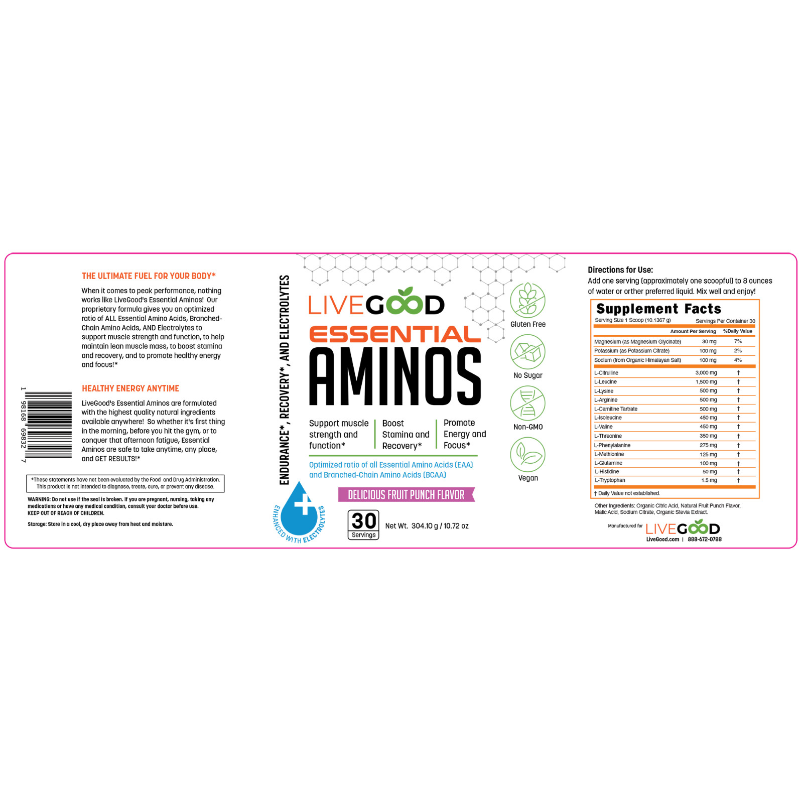 Essential Aminos EAA BCAA Powder 3000mg Citrulline Electrolytes LiveGood 30srv