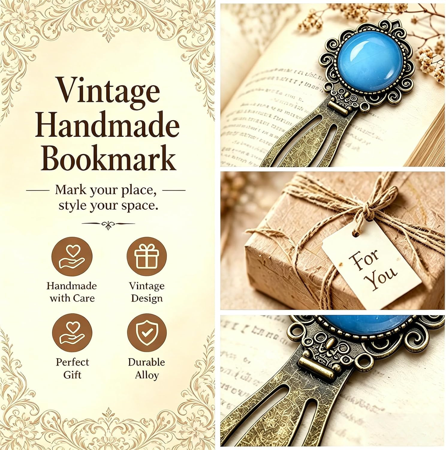 2Pcs Vintage Natural Stone Protein &Tiger Eye Bookmark with Natural Crystal Ston