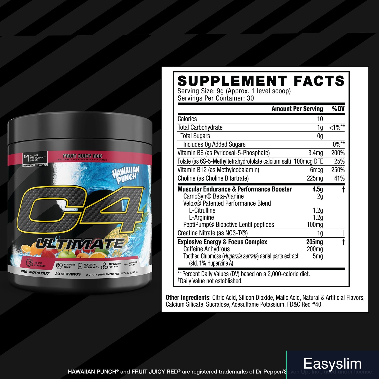 Pre-Workout Energy Powder 300mg Caffeine Hawaiian Punch Sugar-Free 20 Servings