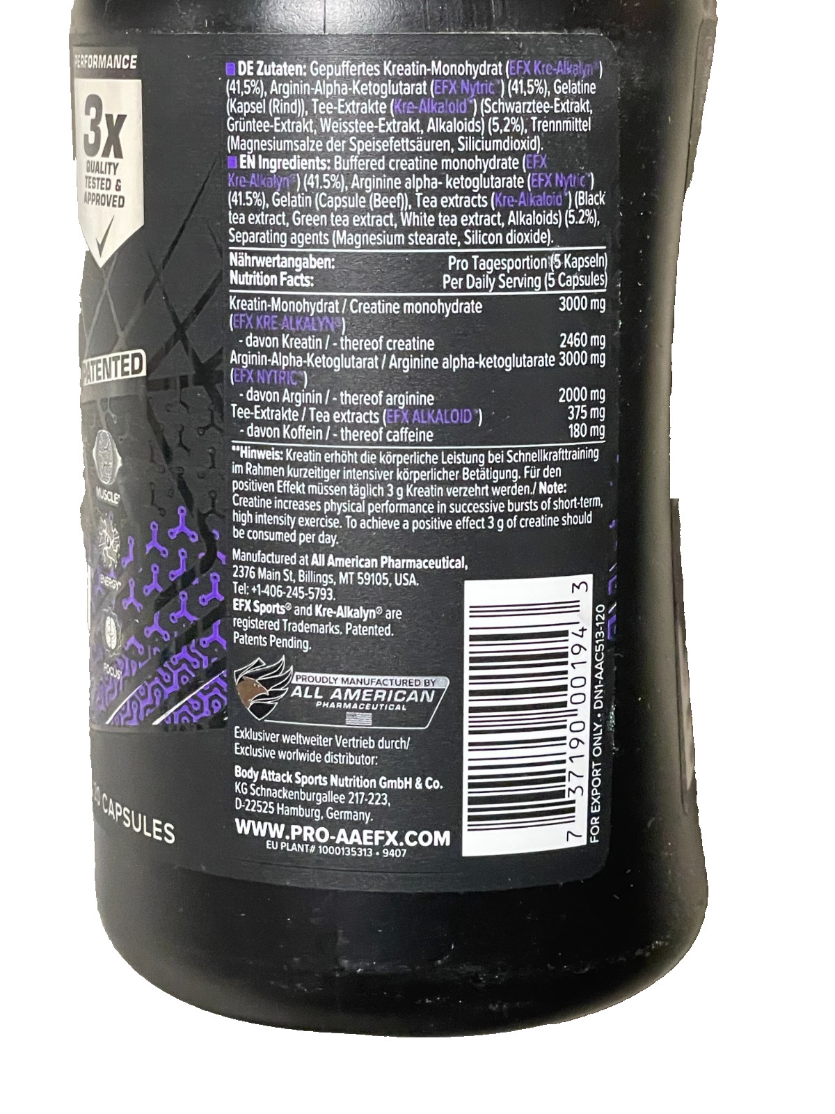EFX Sports Kre-Alkalyn Nitro Pro Pre Workout Power Focus 120ct 6/2028
