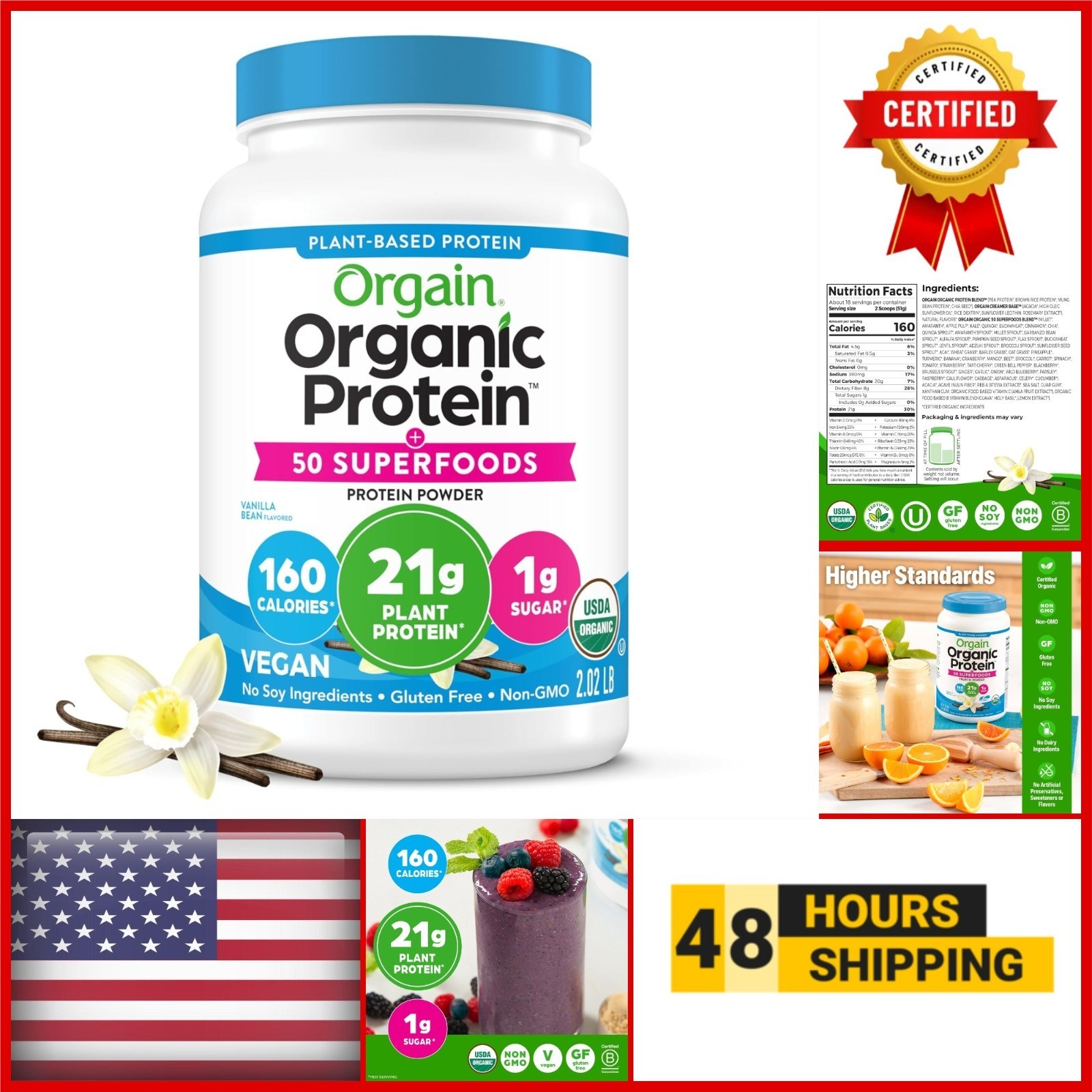 Orgain Organic Vegan Protein Powder 21g Protein Vanilla 50 Superfoods 2.02 lb
