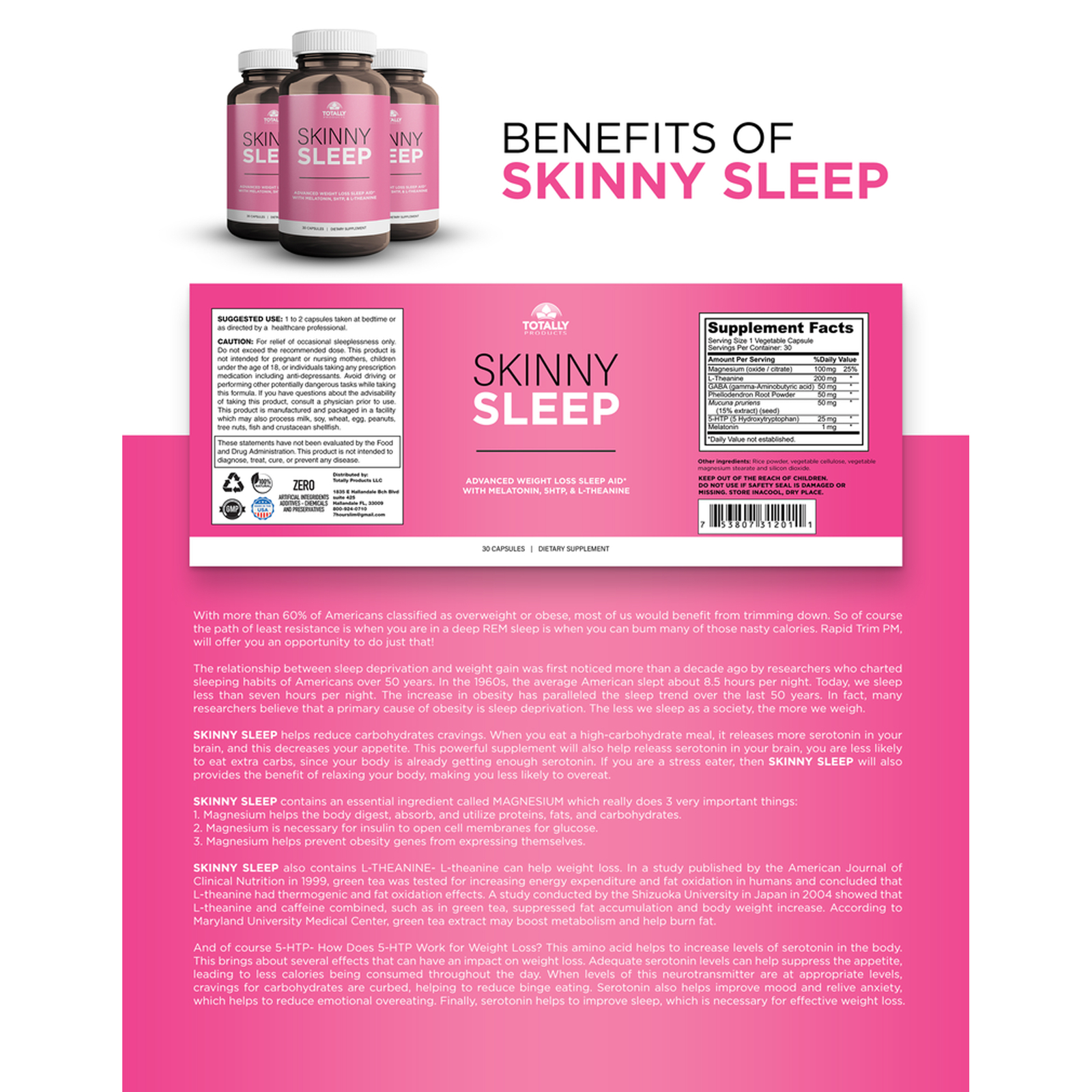Skinny Sleep Support Weight Management & L-Glutamine Muscle Supplement 60 Caps