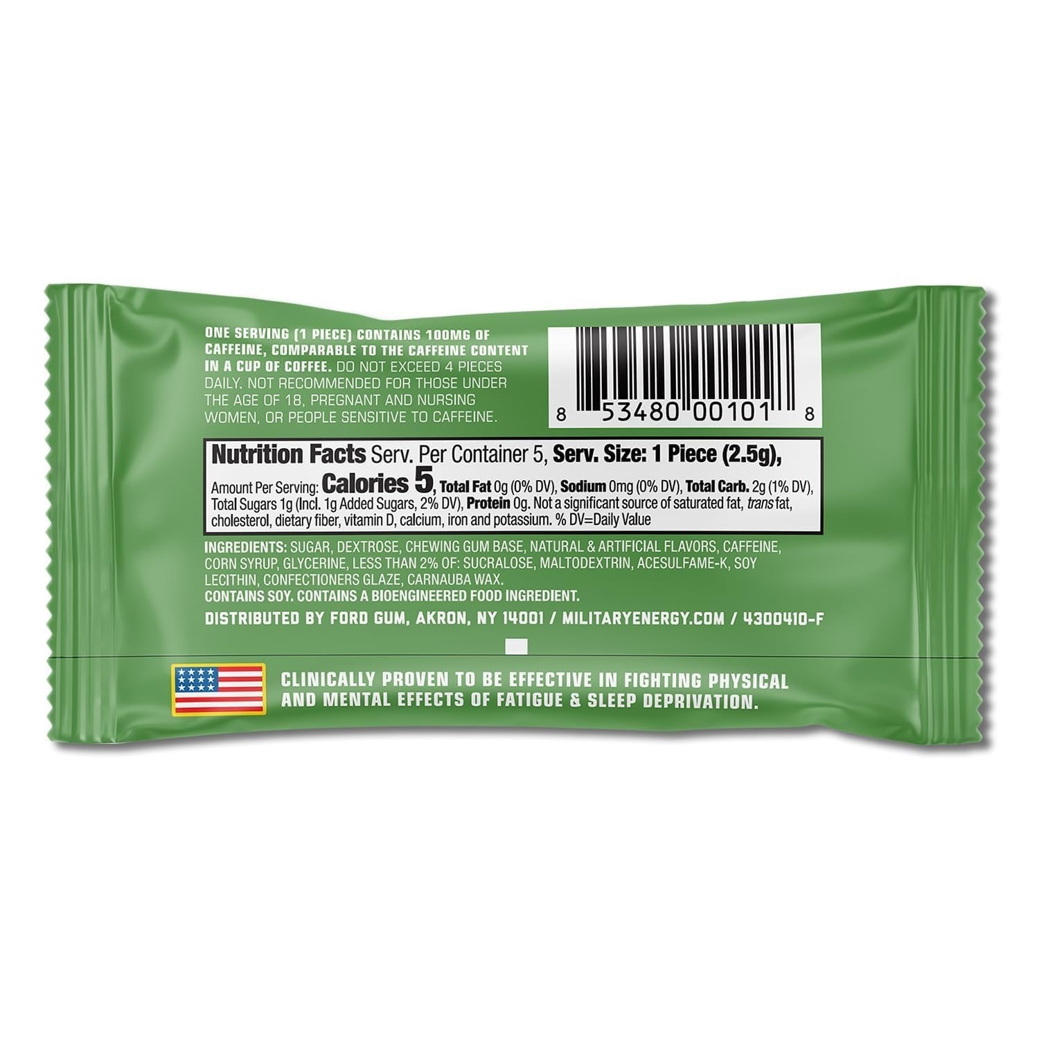 MEG Military Energy Gum – Spearmint | 100mg Caffeine – 20 Count