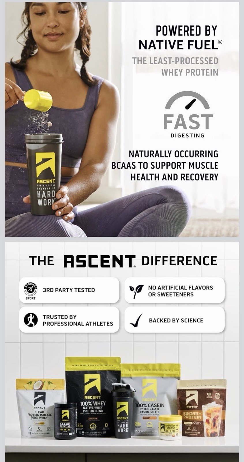 Ascent 100% Whey Protein Powder Vanilla Bean 2 Lb BB 5/07/26