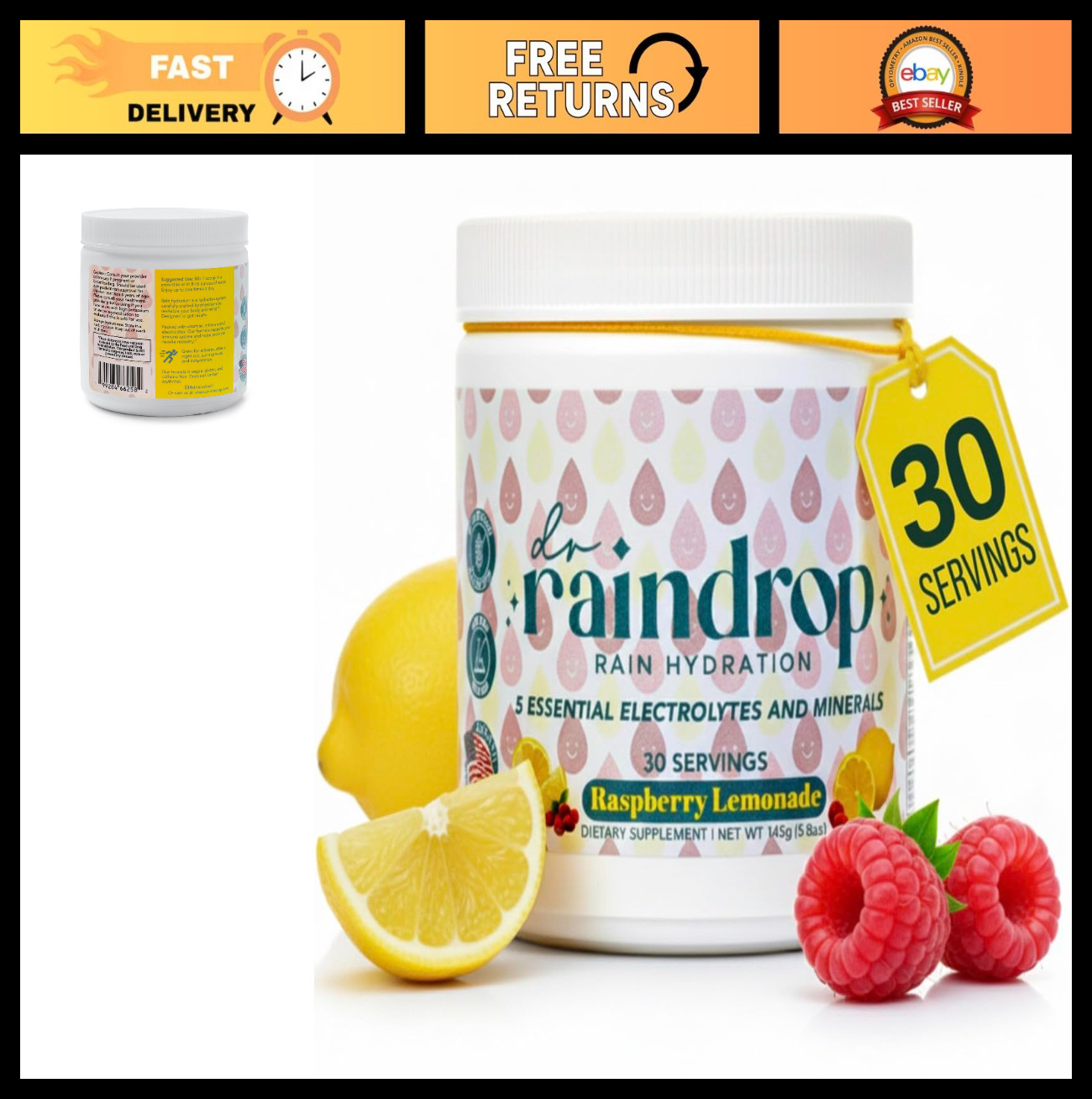 Electrolyte Powder Drink Mix – Raspberry Lemonade, Sugar-Free, Gluten-Free, Spor