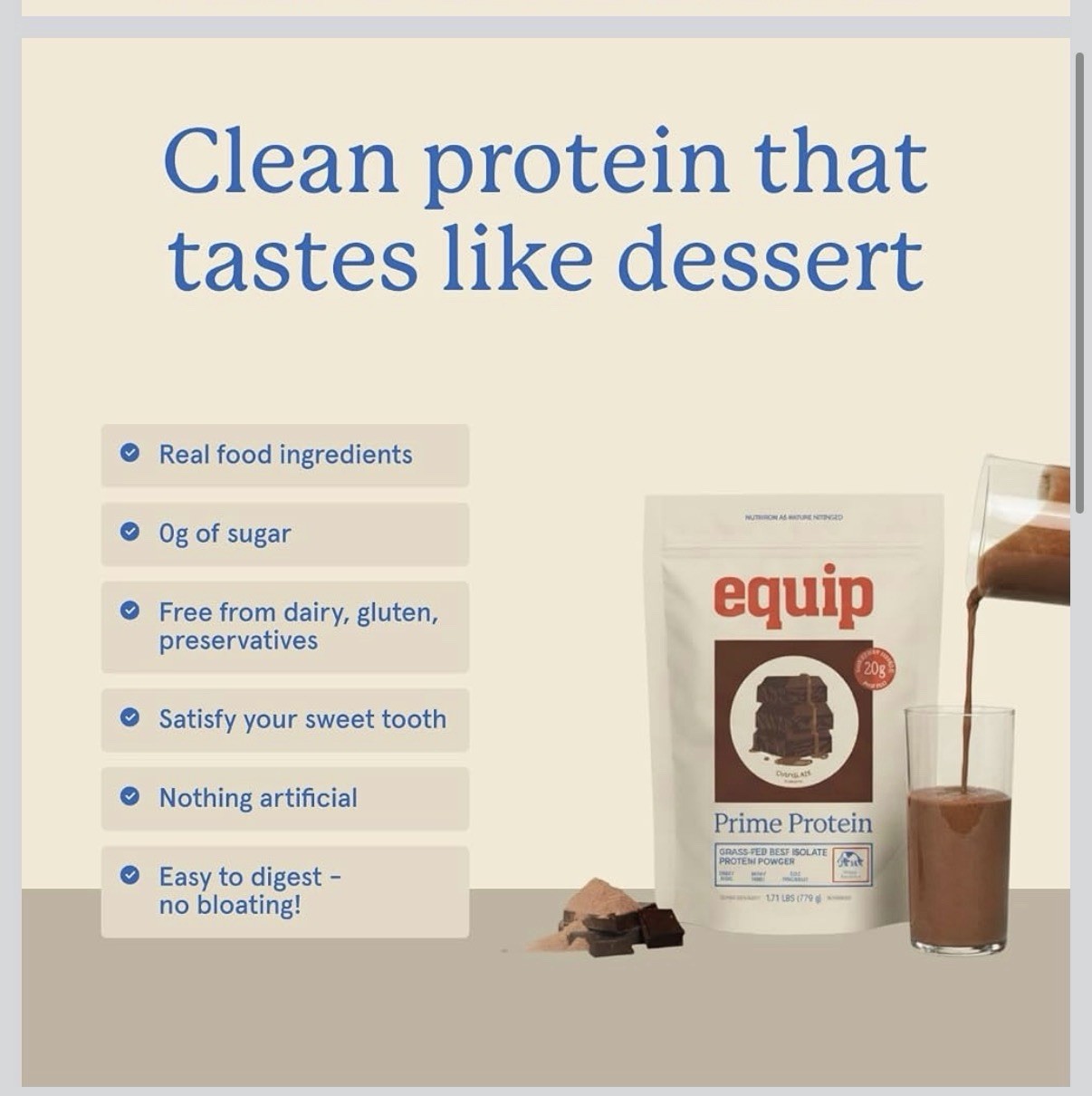 Equip Prime Beef Protein Chocolate 30Sv Grass Fed Keto No Sugar