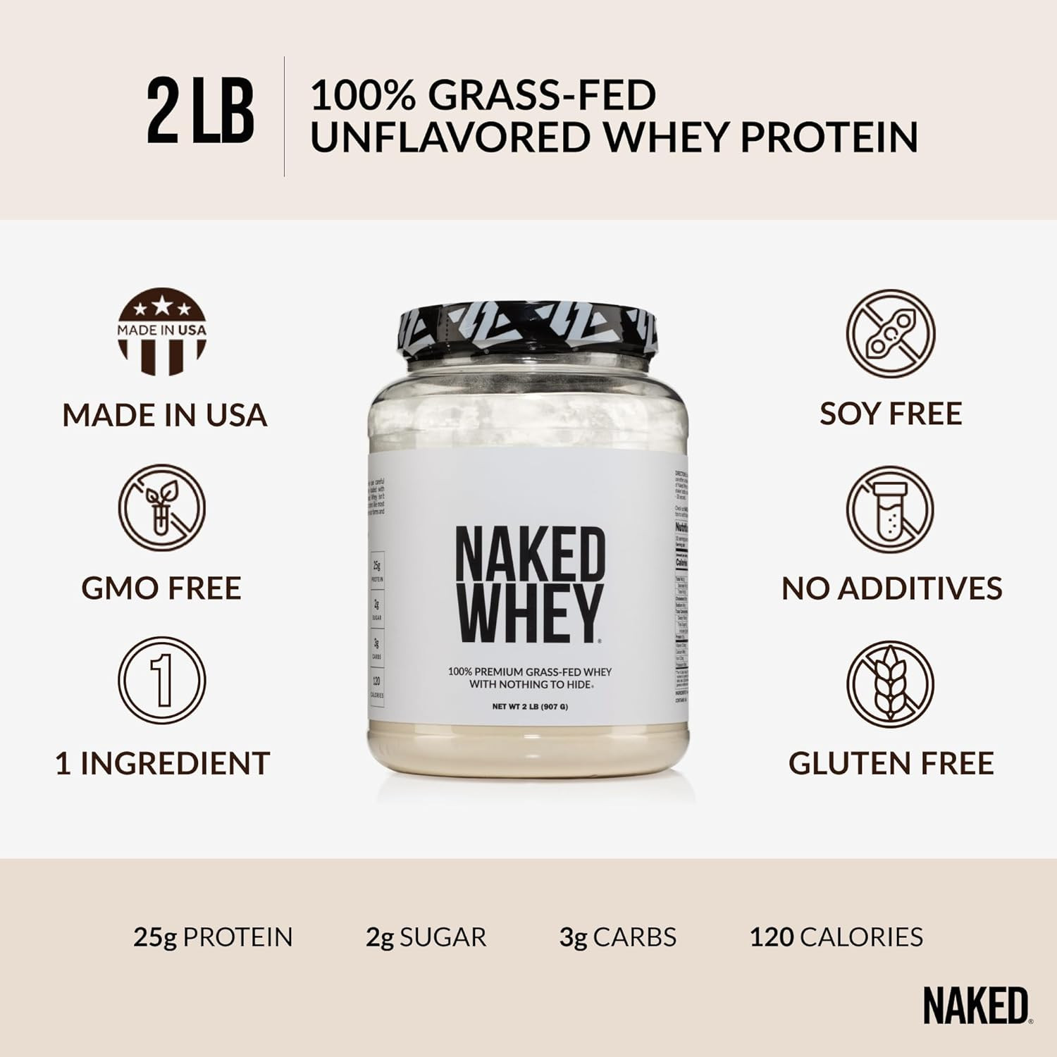 Naked Whey 2LB 100% Grass Fed Whey Protein Powder – Only 1 Ingredient, Unflavore