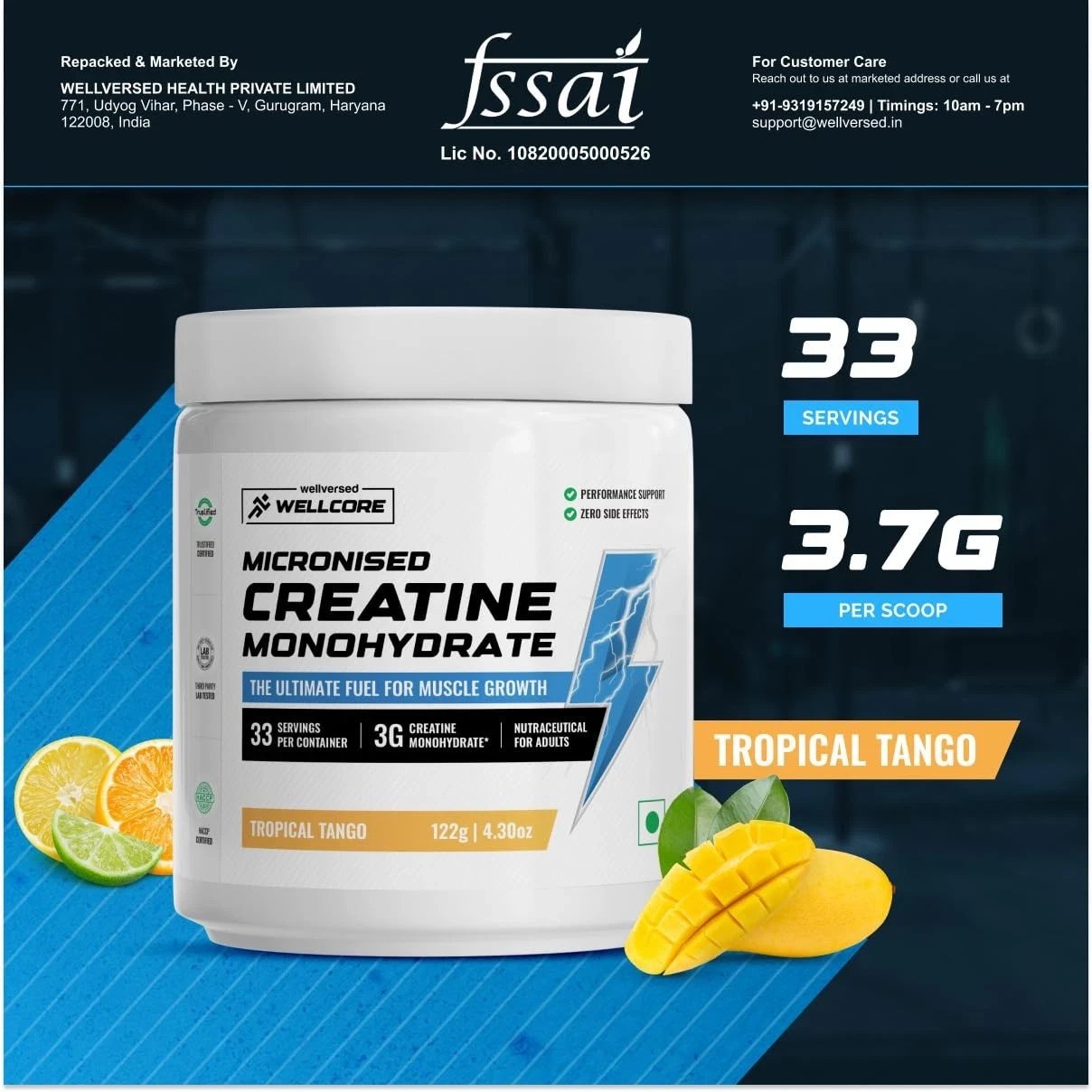 Wellcore Micronised Creatine Monohydrate Powder Tropical Tango Flavour 122g