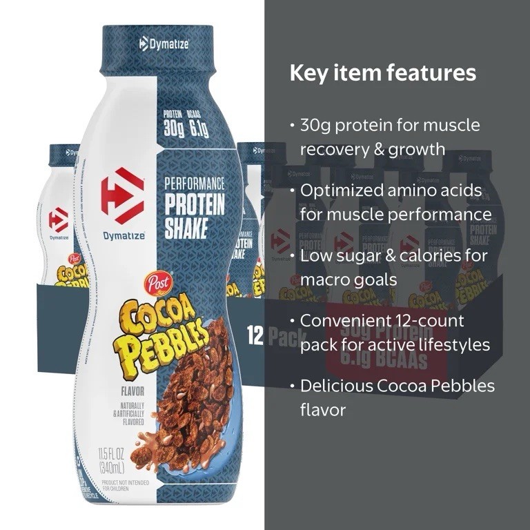 Dymatize Performance Protein Shake, Cocoa Pebbles, 30g, 12 Ct