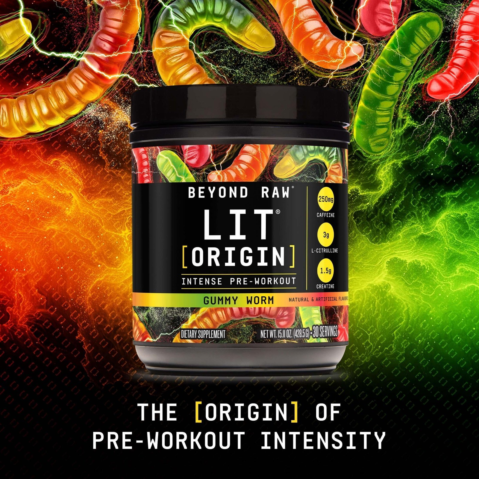 Beyond Raw LIT Origin Pre Workout Powder, Gummy Worm, for Men & Women, Energy