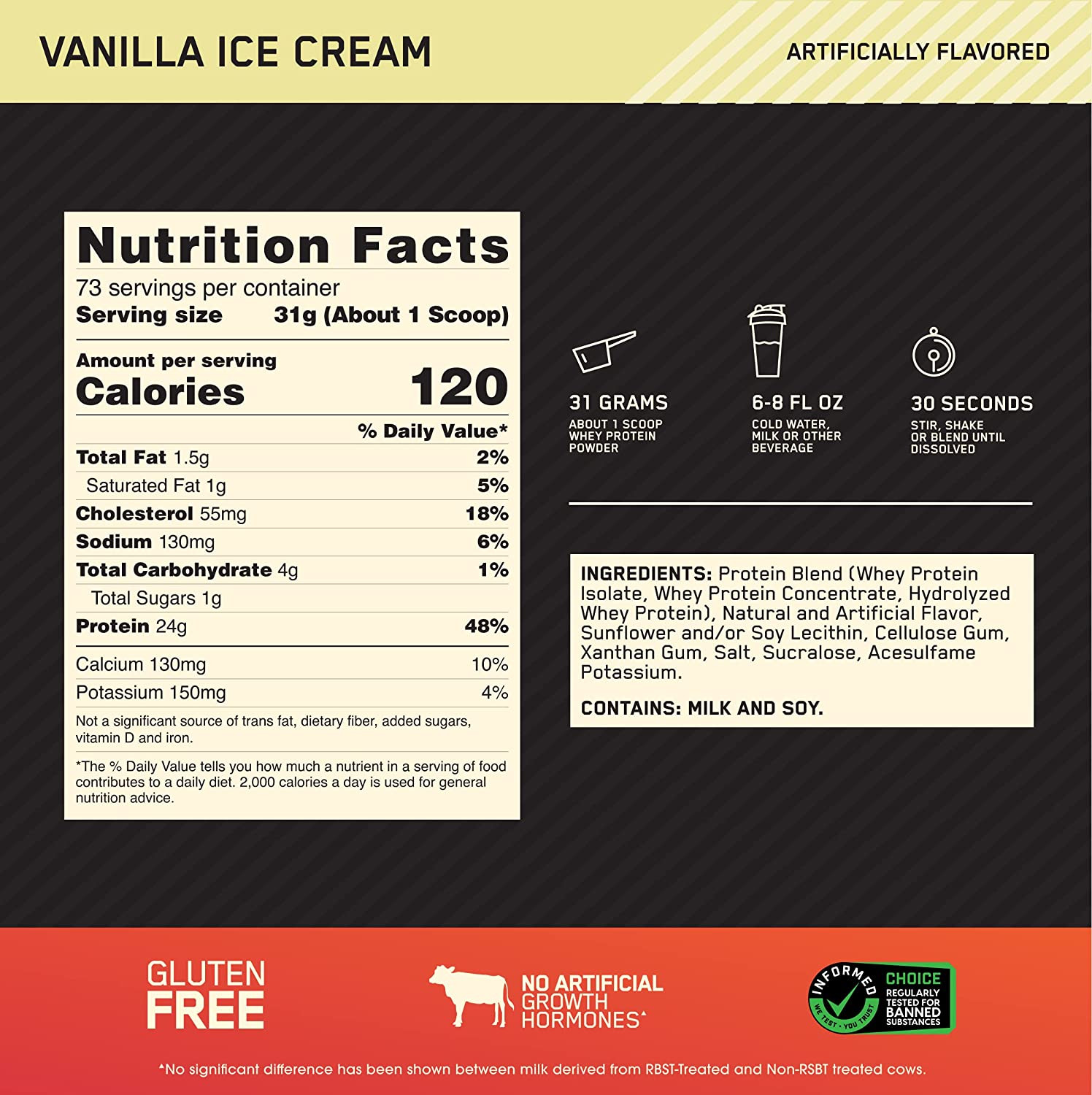 Optimum Nutrition Gold Standard 100% Whey Protein Powder Vanilla Ice Cream 5 Lb