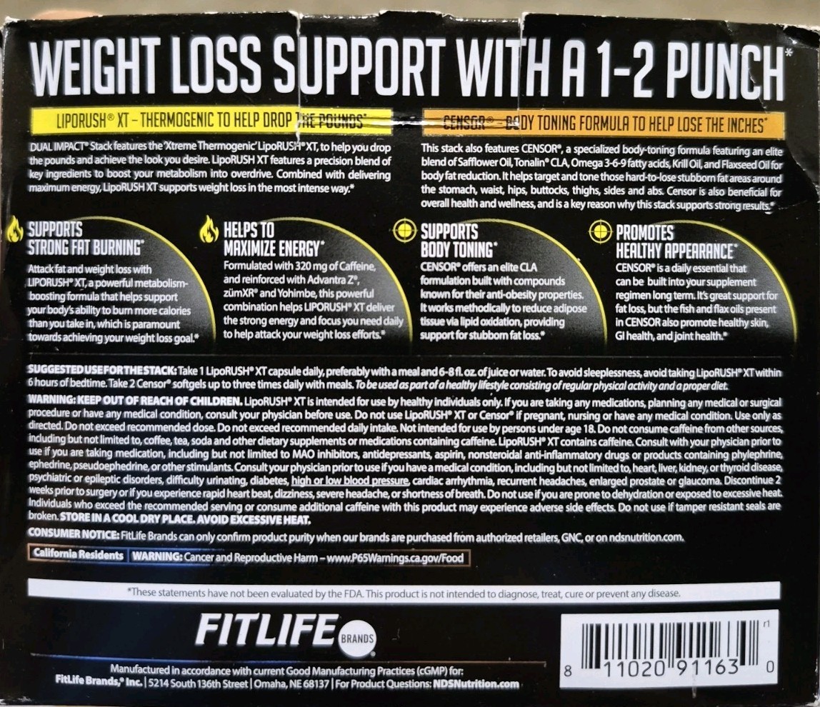 DUAL IMPACT STACK 2-in-1 Fat Loss – LipoRush XT 60 Capsules / CENSOR 90 Softgels