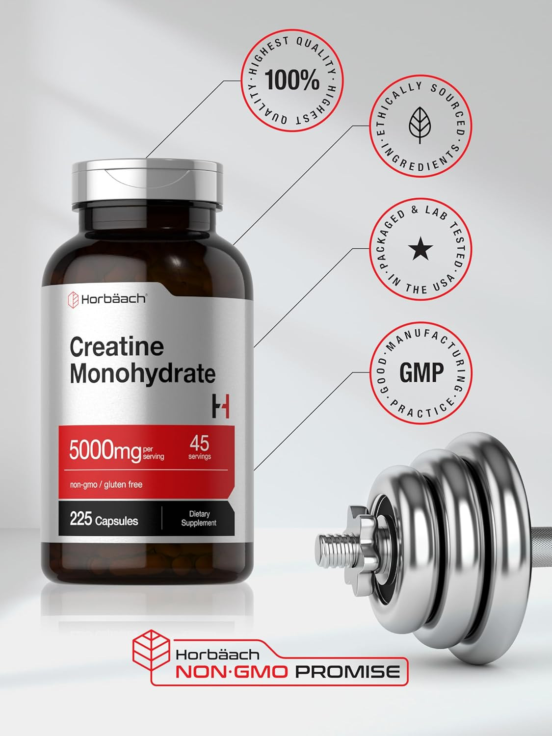 Horbäach Creatine Monohydrate 5000mg 225 Capsules Non-Gmo Gluten Free Supplement