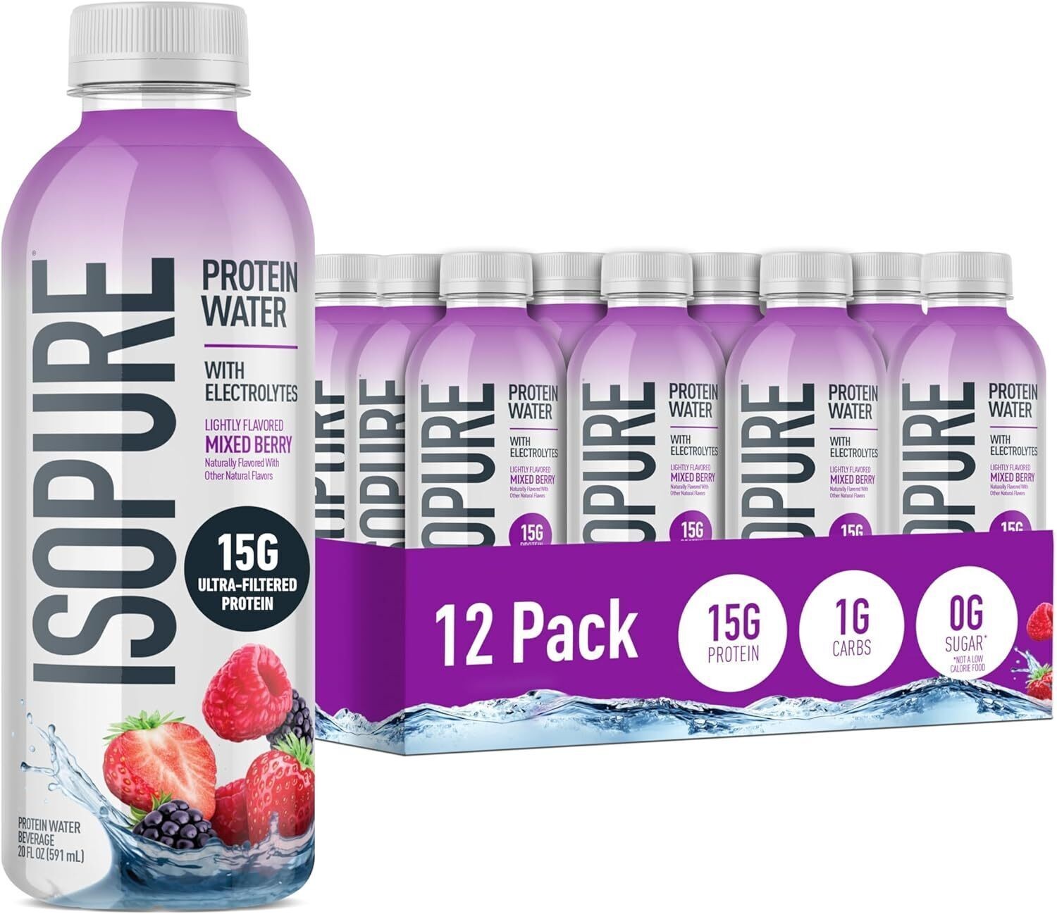 Isopure Clear Protein Water w/ Electrolytes, 15g Whey – Mixed Berry, 12 Pack