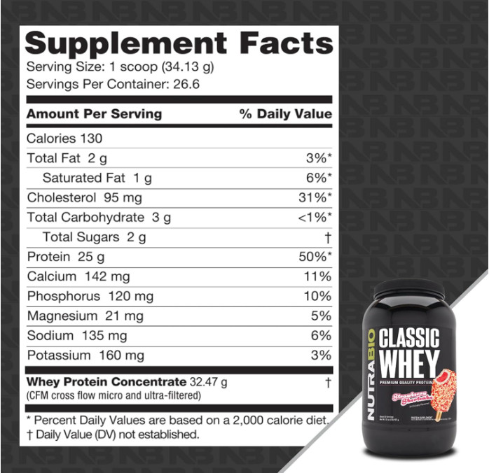 NutraBio Classic Whey Protein Powder, Strawberry Shortcake, 2 lb, 25g Protein