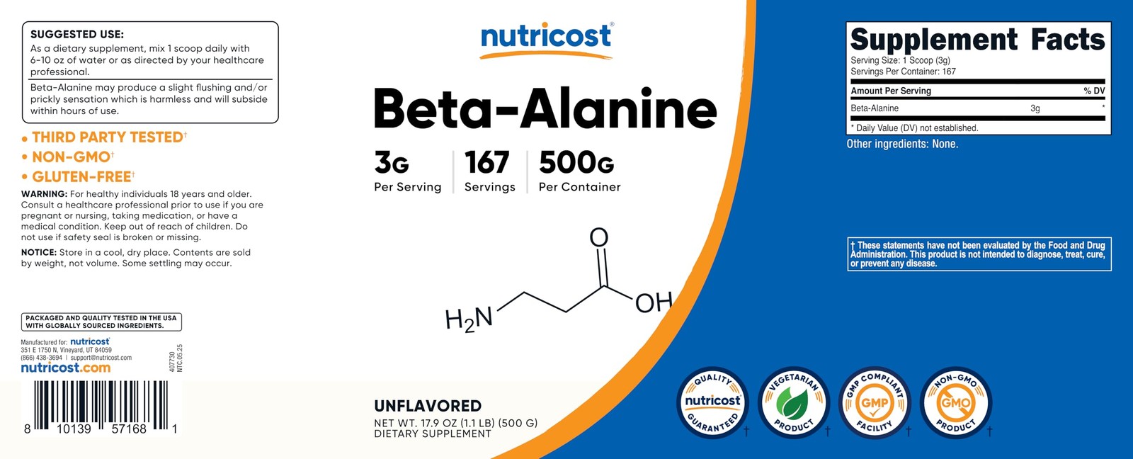Nutricost Beta Alanine Powder 500 Grams (1.1lbs) – Pure 1.1 Pound (Pack of 1)