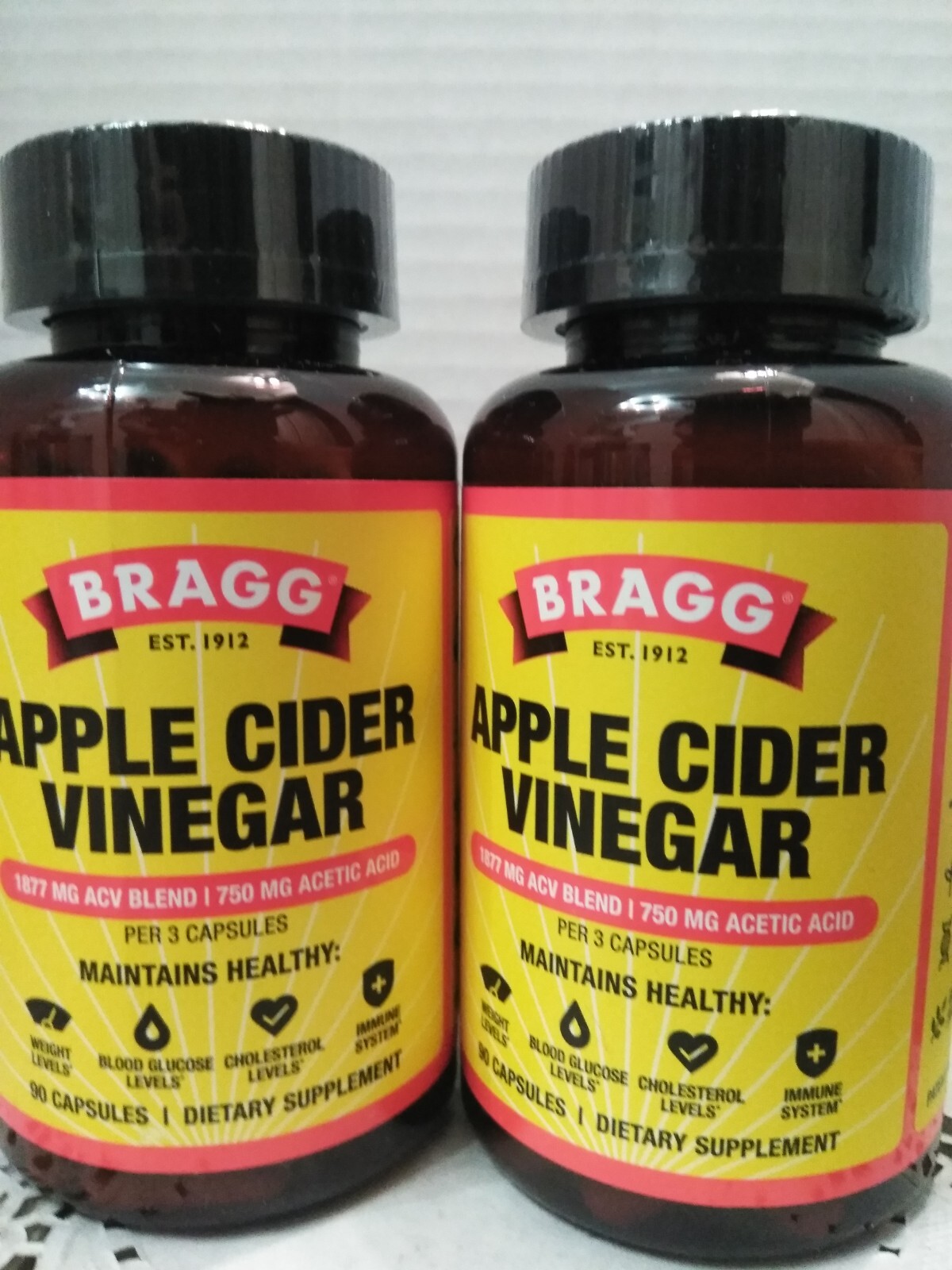 BRAGG Apple Cider Vinegar 90 Capsules EACH 750 Mg Acetic Acid ( 2PK BUNDLE)