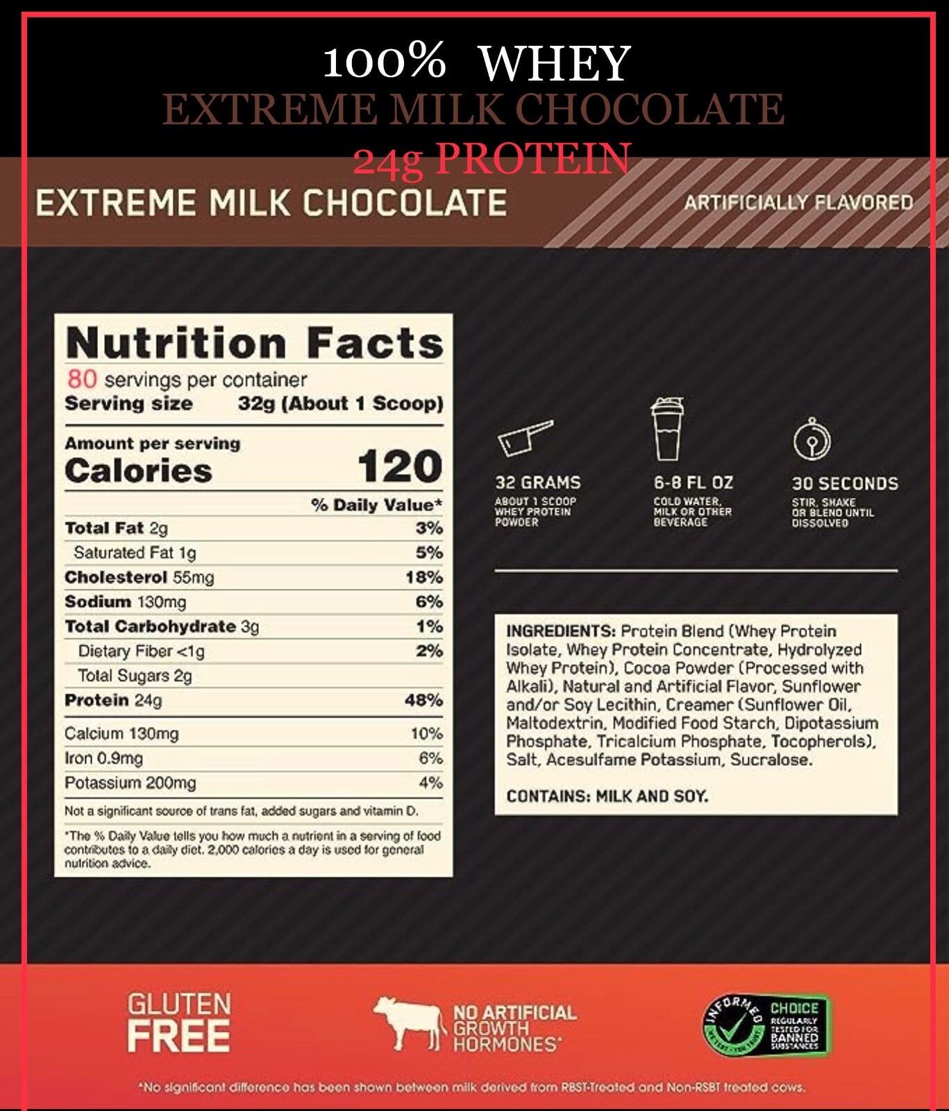 100% Whey Protein, Optimum Nutrition Gold Standard, 80 Servings, 24g Protein