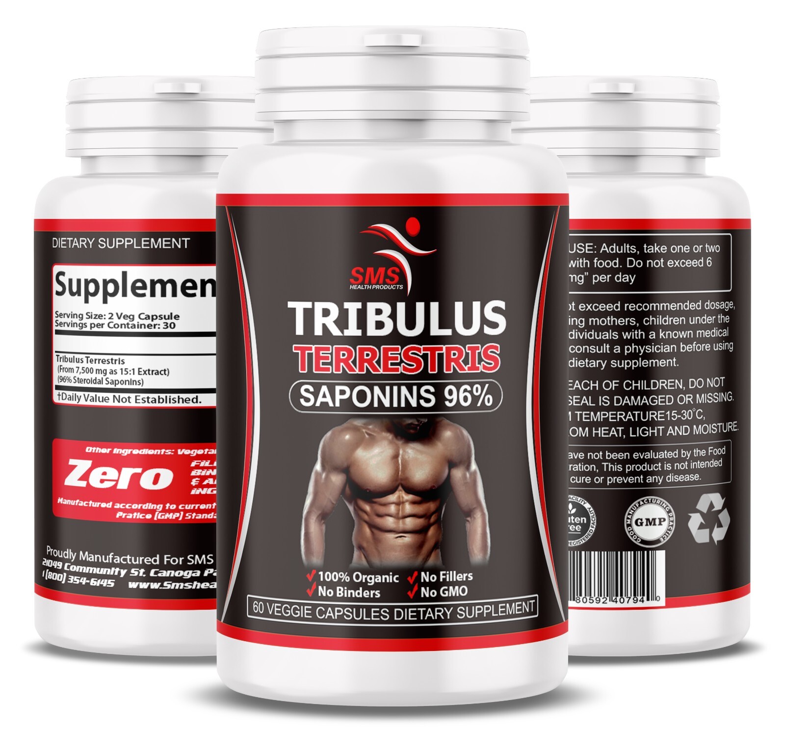 TRIBULUS TERRESTRIS 96% SAPONINS EXTRACT SPORT DIETARY SUPPLEMENT NO GMO 60 Caps