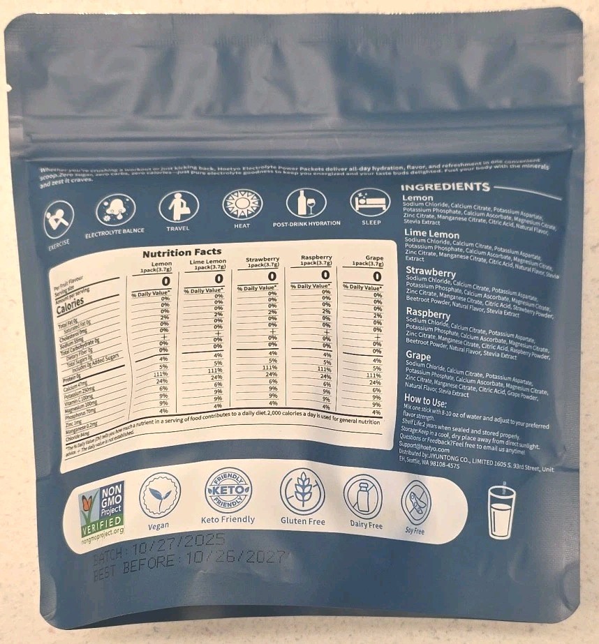 Hoetyo Electrolytes Powder Packets Sugar Free Hydration Flavor Variety 30 Sticks