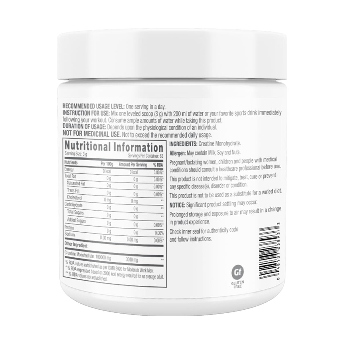 GNC Pro Performance Creatine Monohydrate Unflavoured 250gm Micronized
