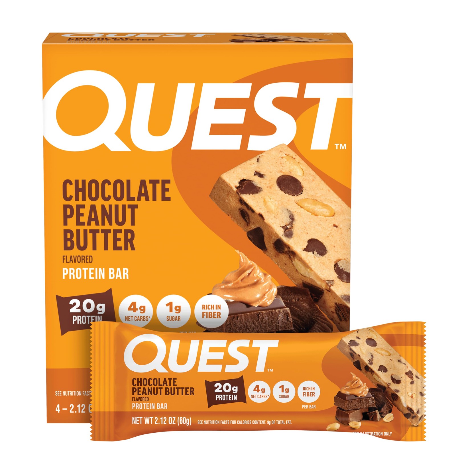 Quest Nutrition Chocolate Peanut Butter Protein Bars, 20g 4 Count (Pack of 1)