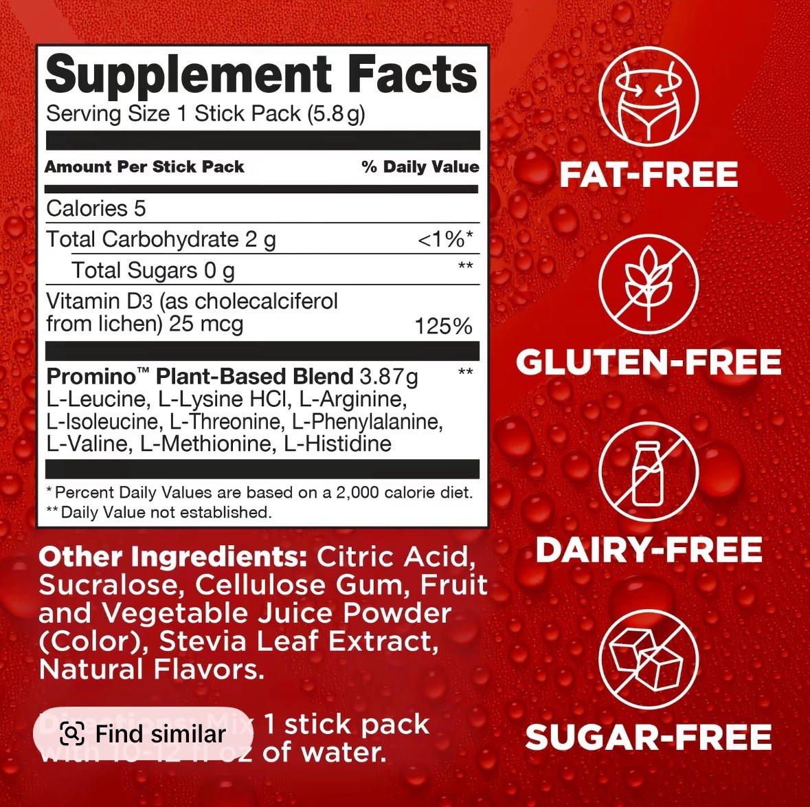 EAA+BCAA Drink Mix Alternative to Whey Protein 20g Protein 1,000 IU Vitamin D3