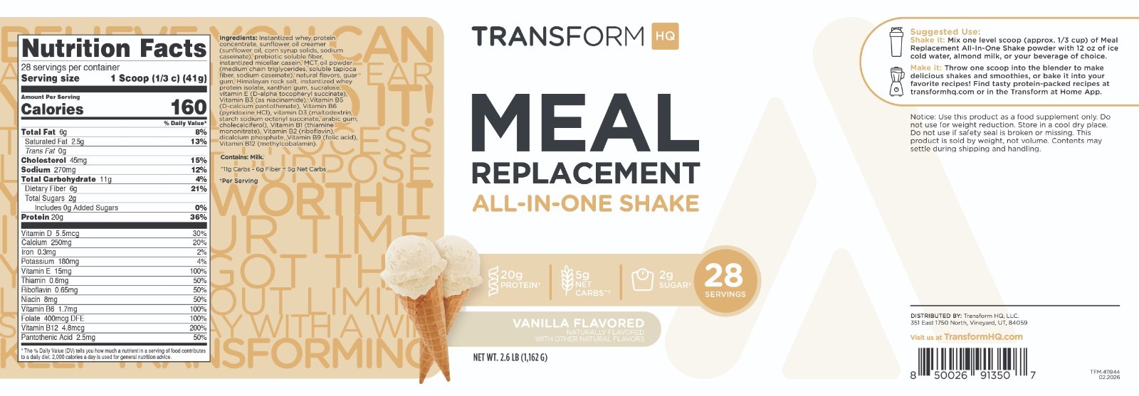 TransformHQ Meal Replacement Shake Powder 28 Servings (Vanilla) – Gluten Free