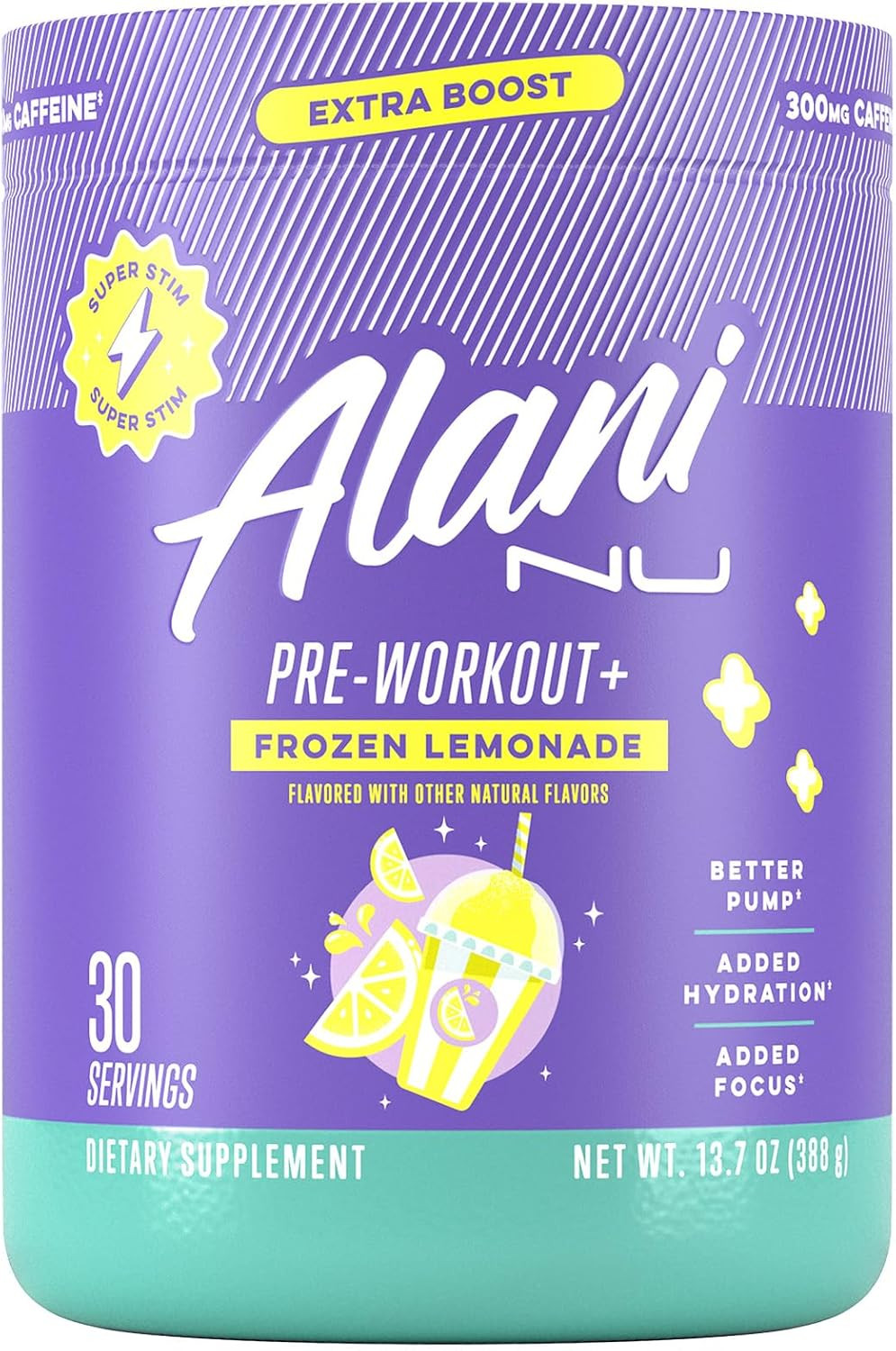 Pre Workout+ Powder Frozen Lemonade, Extra Boost, Sugar Free, 300Mg Caffeine, L-
