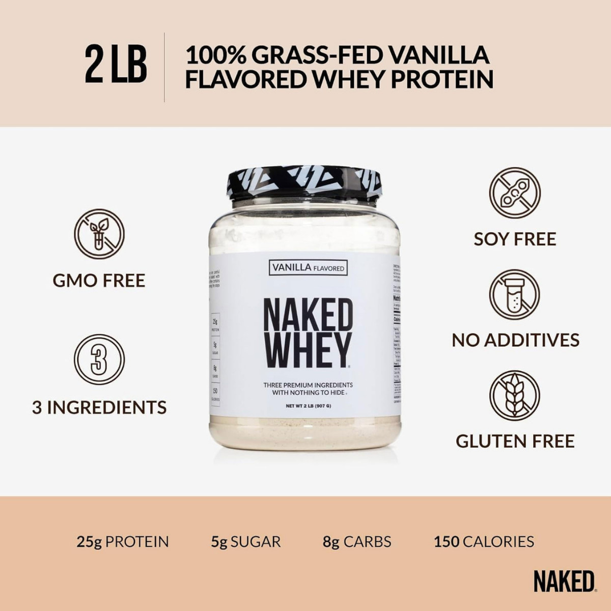 NAKED Whey Vanilla Protein Powder, Grass-Fed, 24 Servings