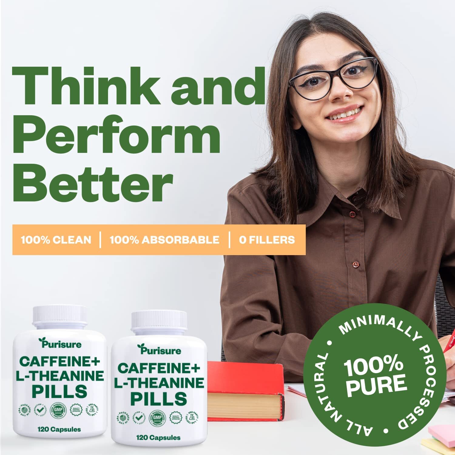 Purisure Caffeine Theanine Capsules, 100mg Caffeine + 200mg L-Theanine, 120 Days