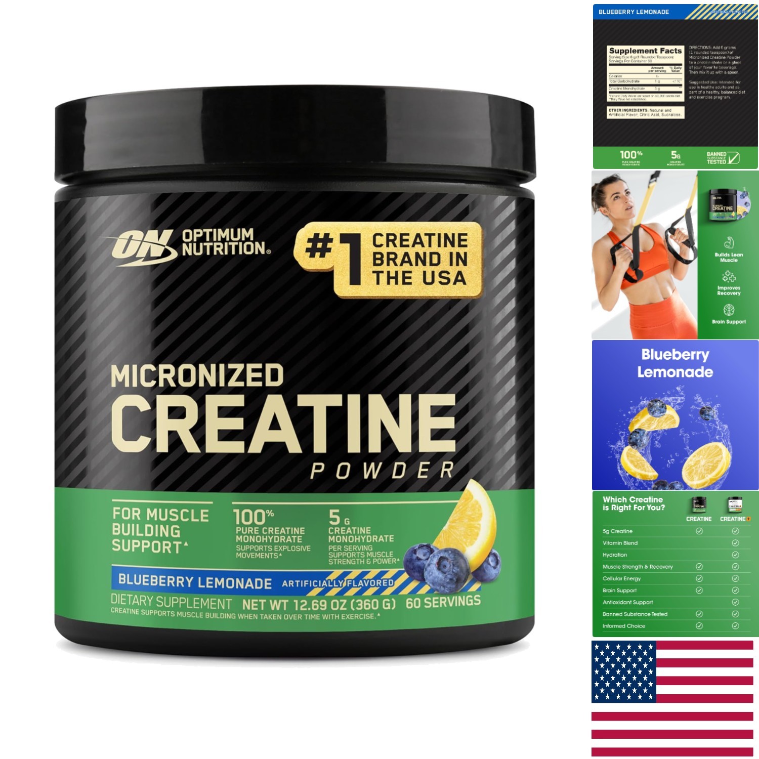 Creatine Monohydrate Powder – Blueberry Lemonade Flavor, 5g/Serving Power Boost