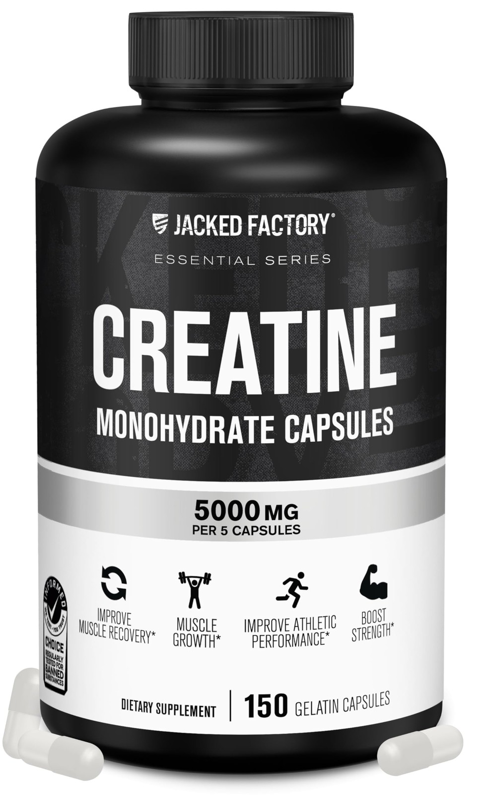 Creatine Monohydrate Capsules for Muscle Growth, Strength, Energy – 150 Ct