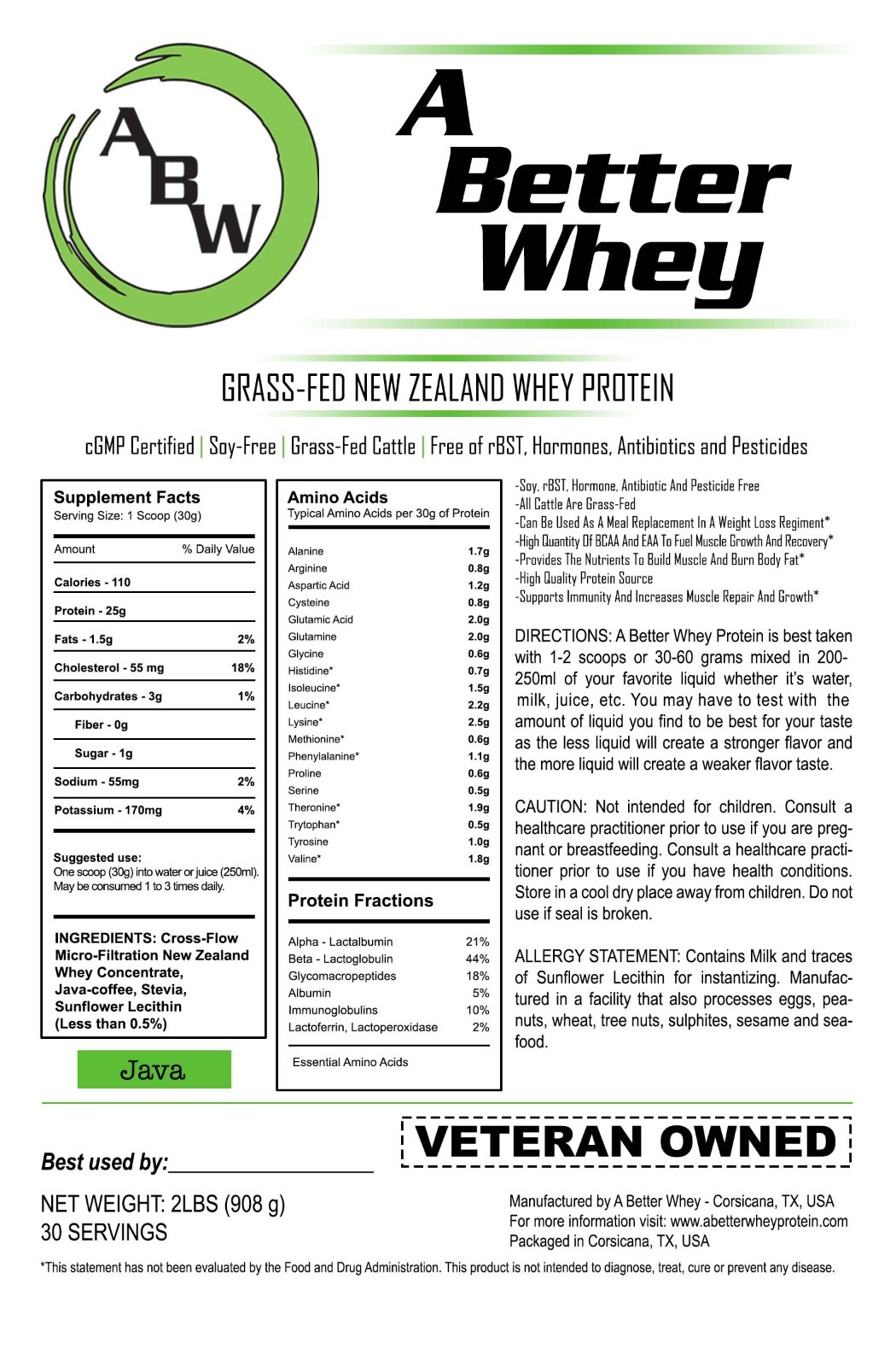 protein whey supplement Java all natural organic grass fed 30 servings