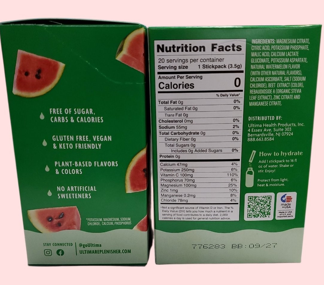 2 PACK Ultima Replenisher Daily Electrolyte Drink Mix Watermelon 20 Stickpacks