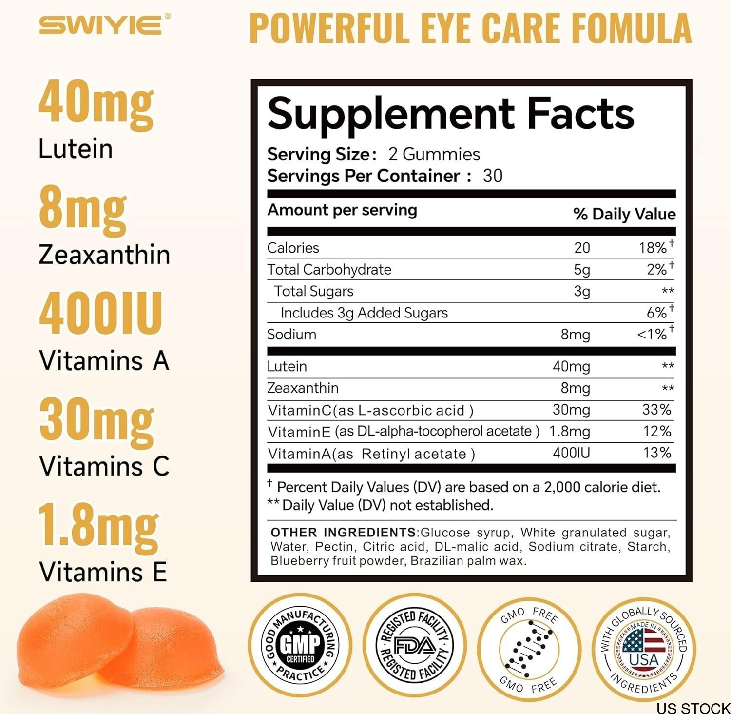20mg Lutein + 4mg Zeaxanthin Gummies | Natural Flavor Eye Health Supporting
