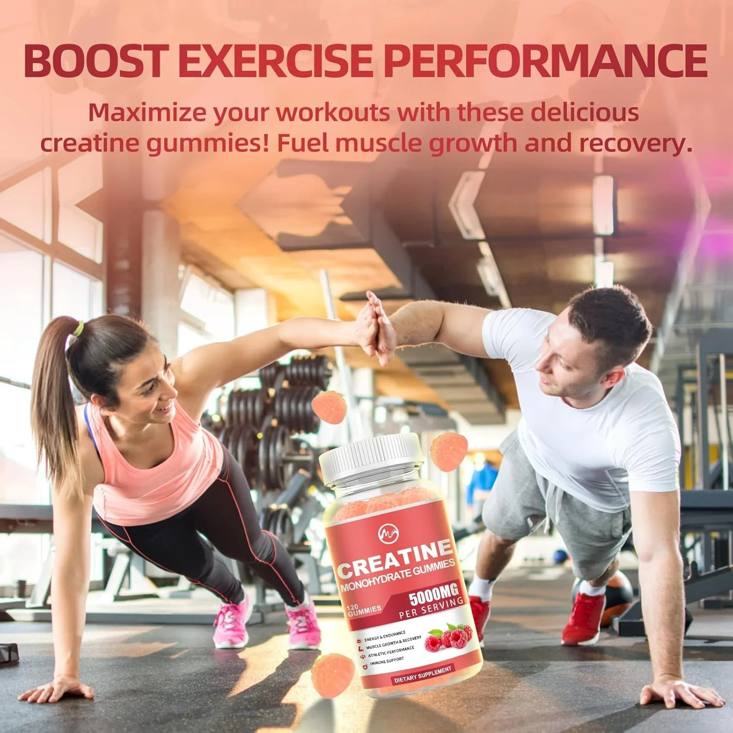 2 x Creatine Monohydrate Gummies 200000mg w/Taurine 500mg L-Glutamine,Berry-240