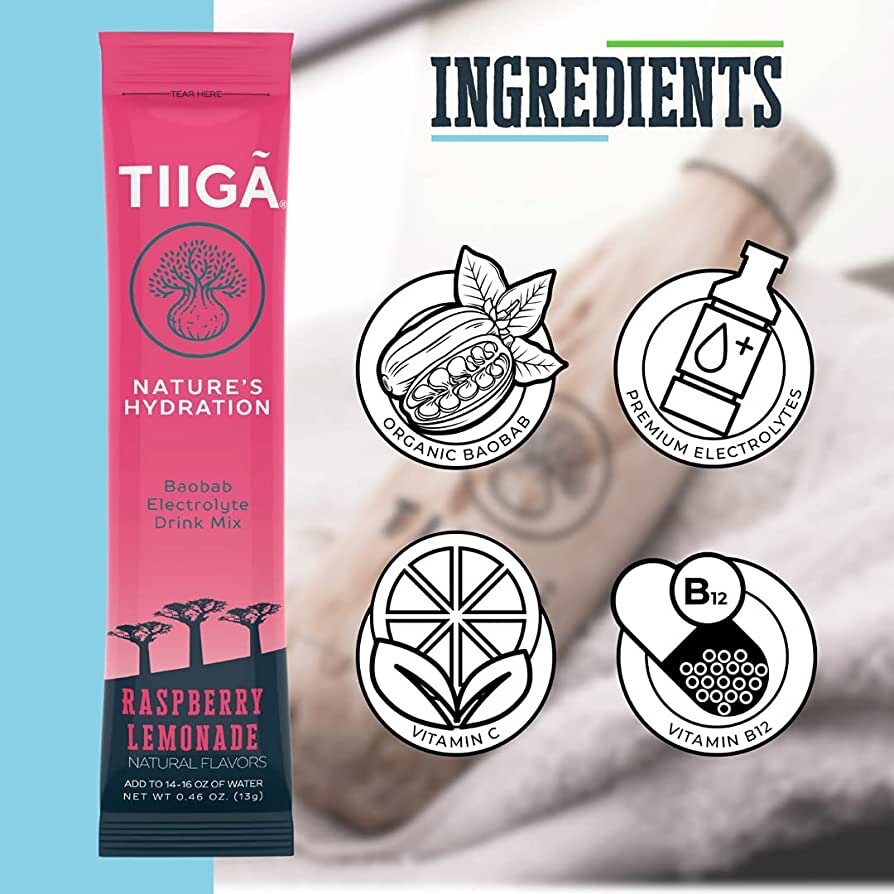 TIIGA Drink Mix – Vitamin C / Prebiotics / Vitamin B12 – RASPBERRY LEMONADE 6pk