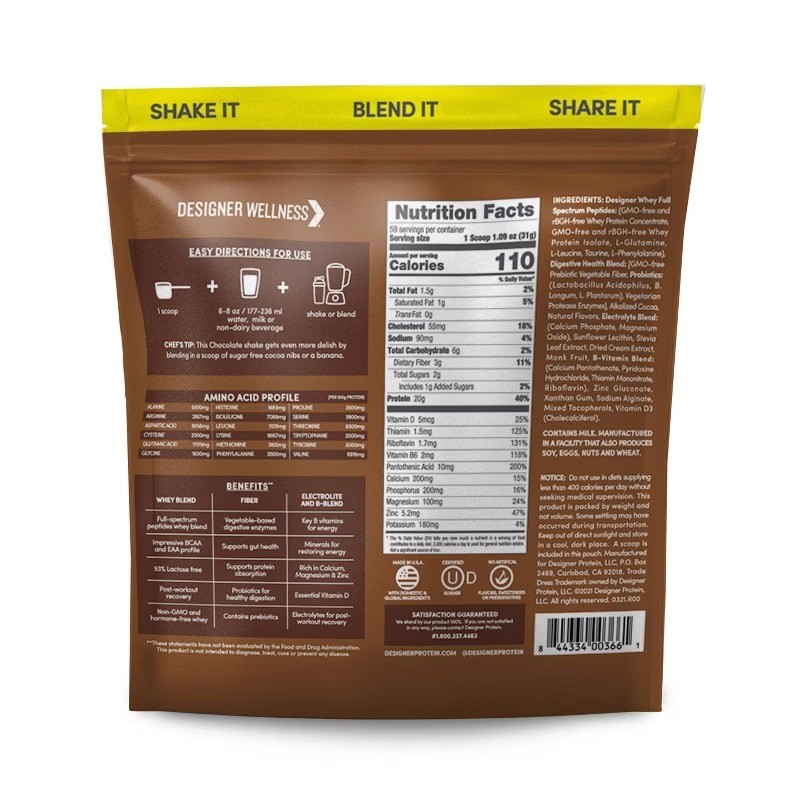 Designer Protein Whey Gourmet Chocolate 64oz, Gluten-Free, Non-GMO, 20g